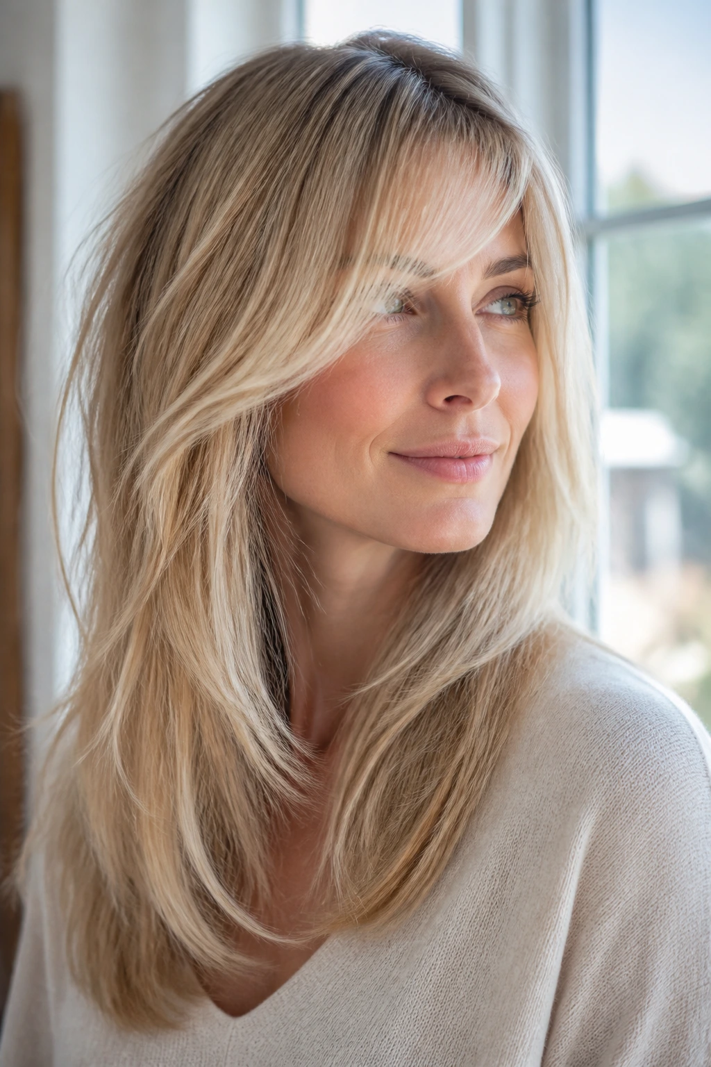 Portrait of a woman with wispy air-lift layers framing the face.