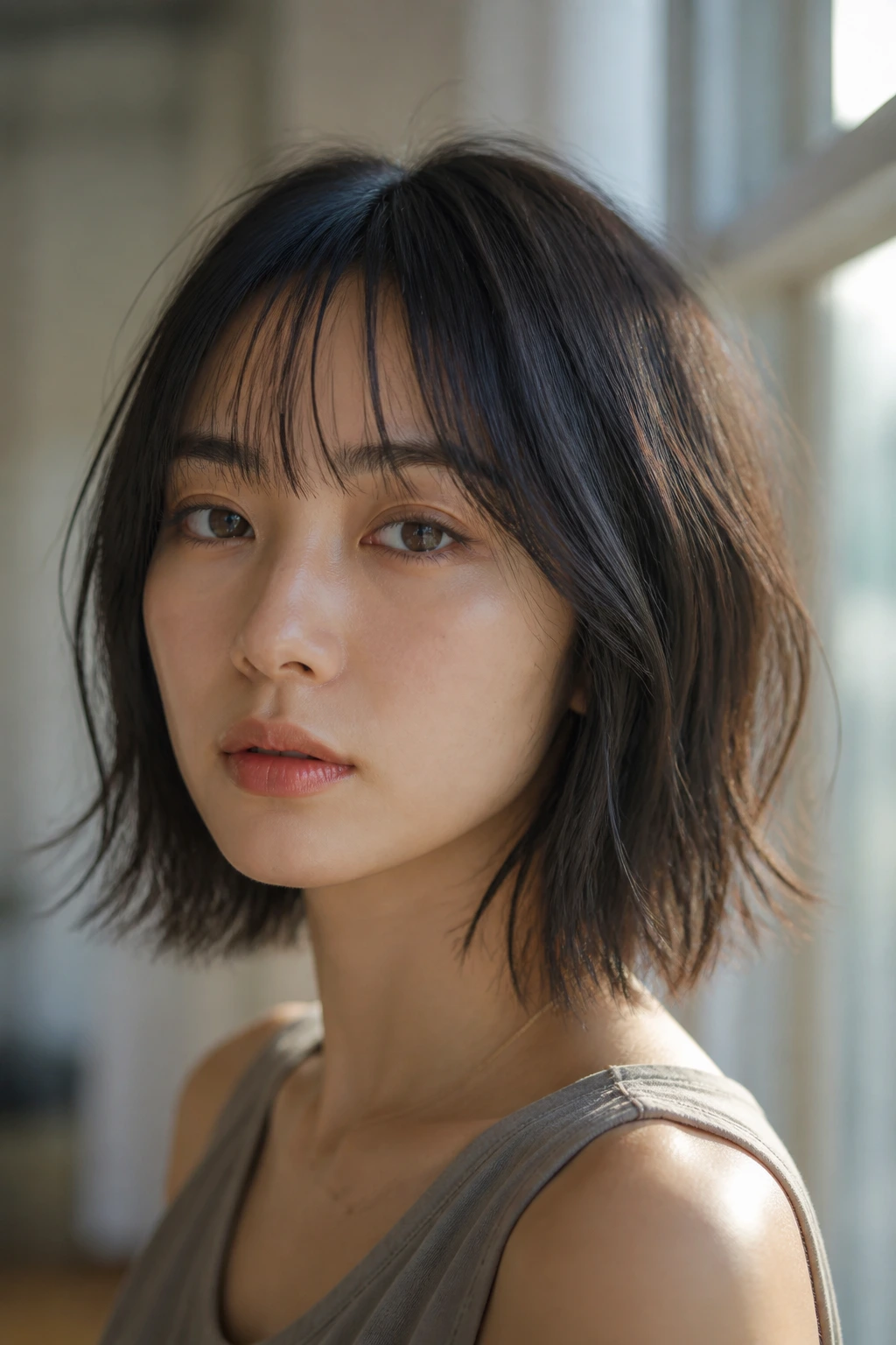 Close-up portrait of a real woman with wispy baby bangs and choppy ends