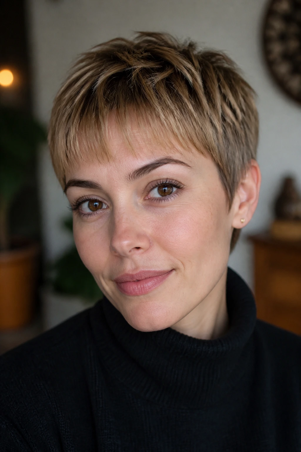 Portrait of a real person with wispy baby bangs on a pixie haircut