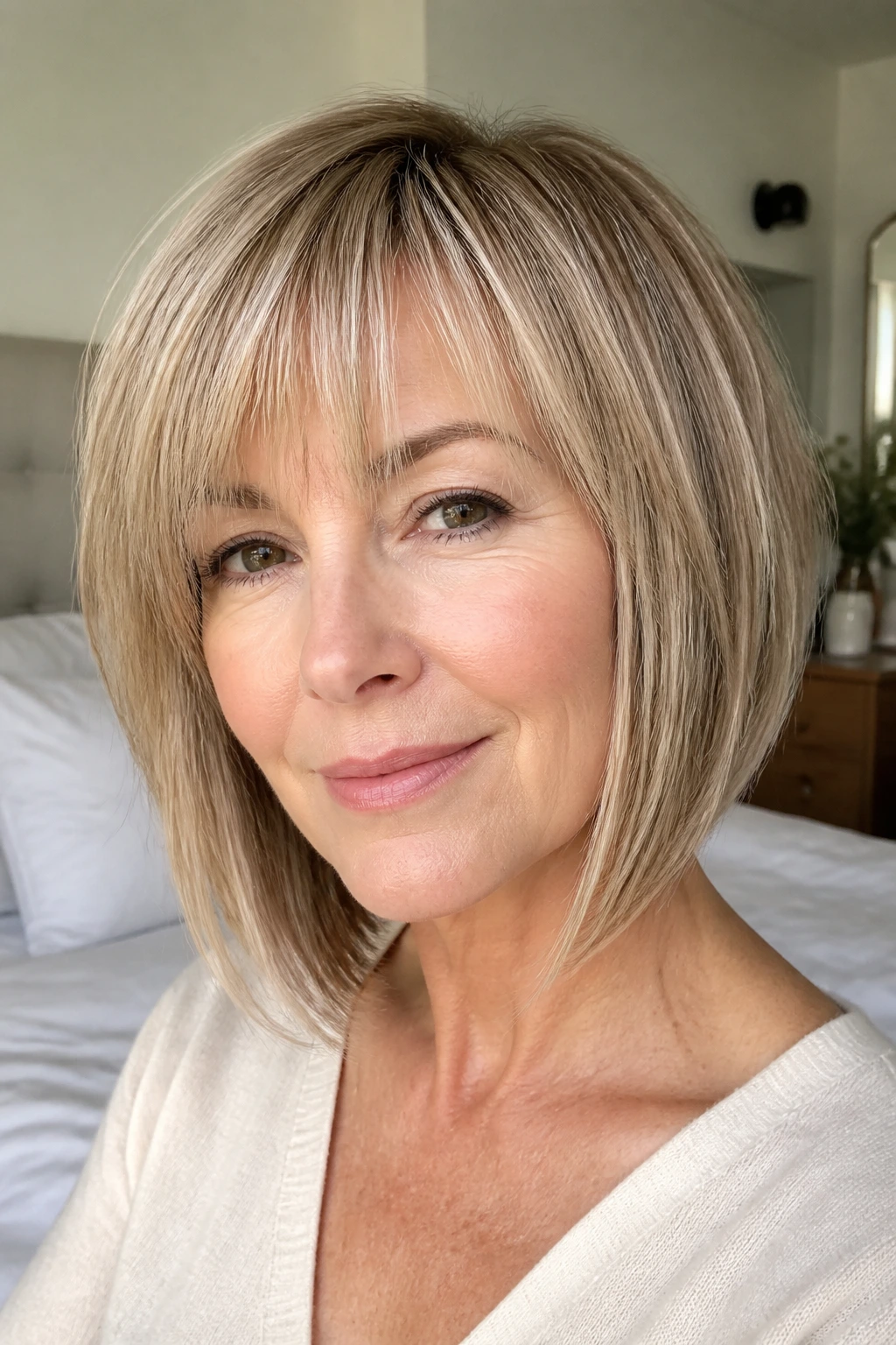 Close-up of a real woman with wispy bangs in an angled bob