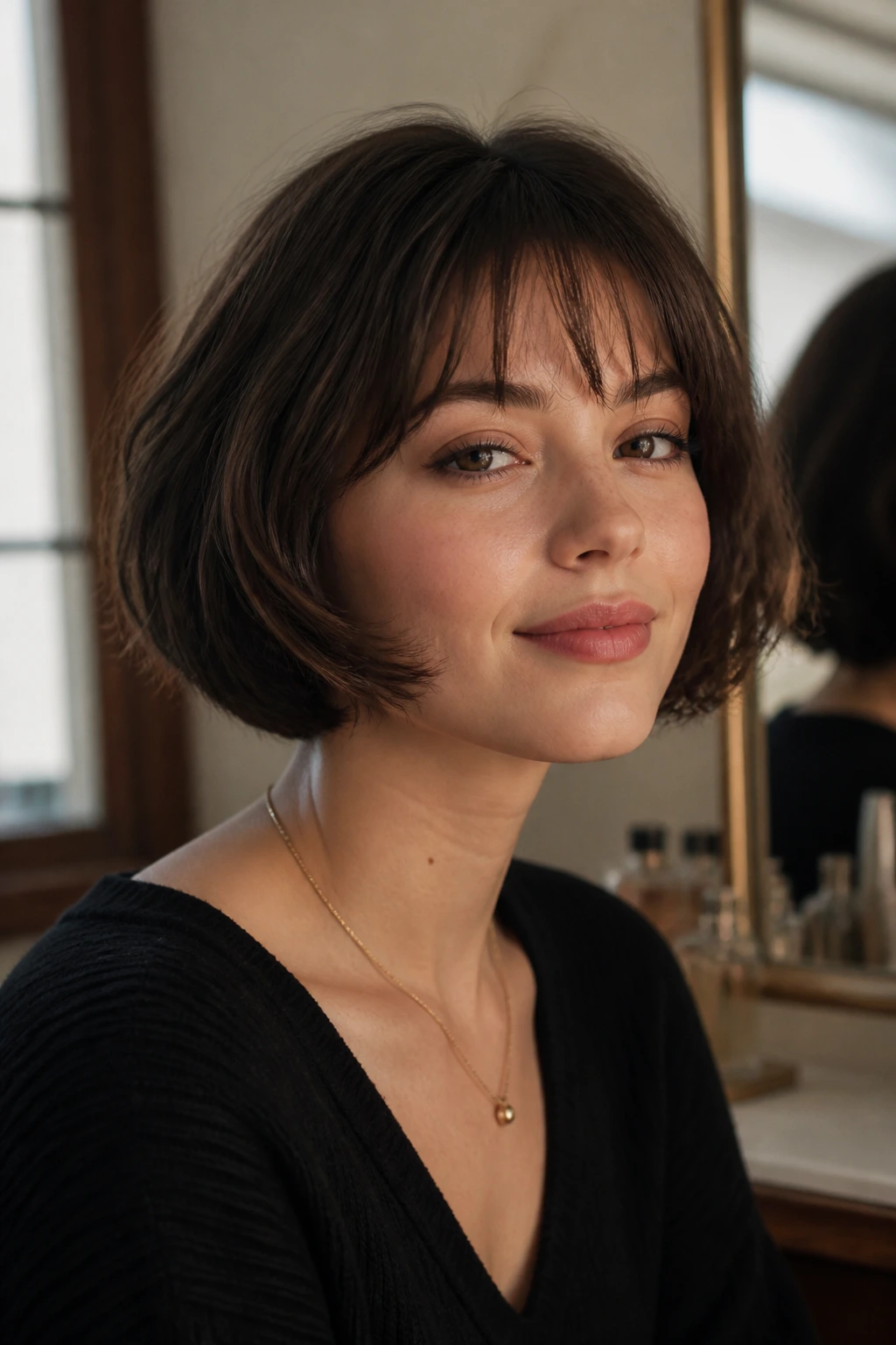 Close-up portrait of a real woman with wispy bangs French bob soft fringe framing forehead