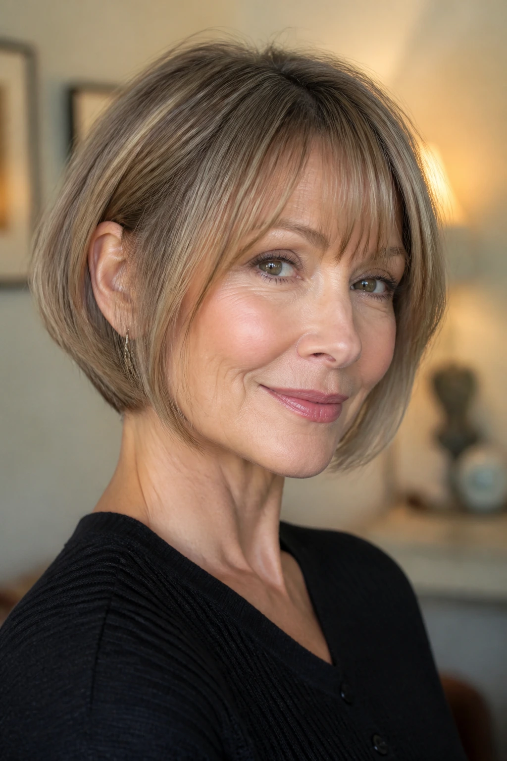 Close-up of a real woman with wispy bangs and inverted bob