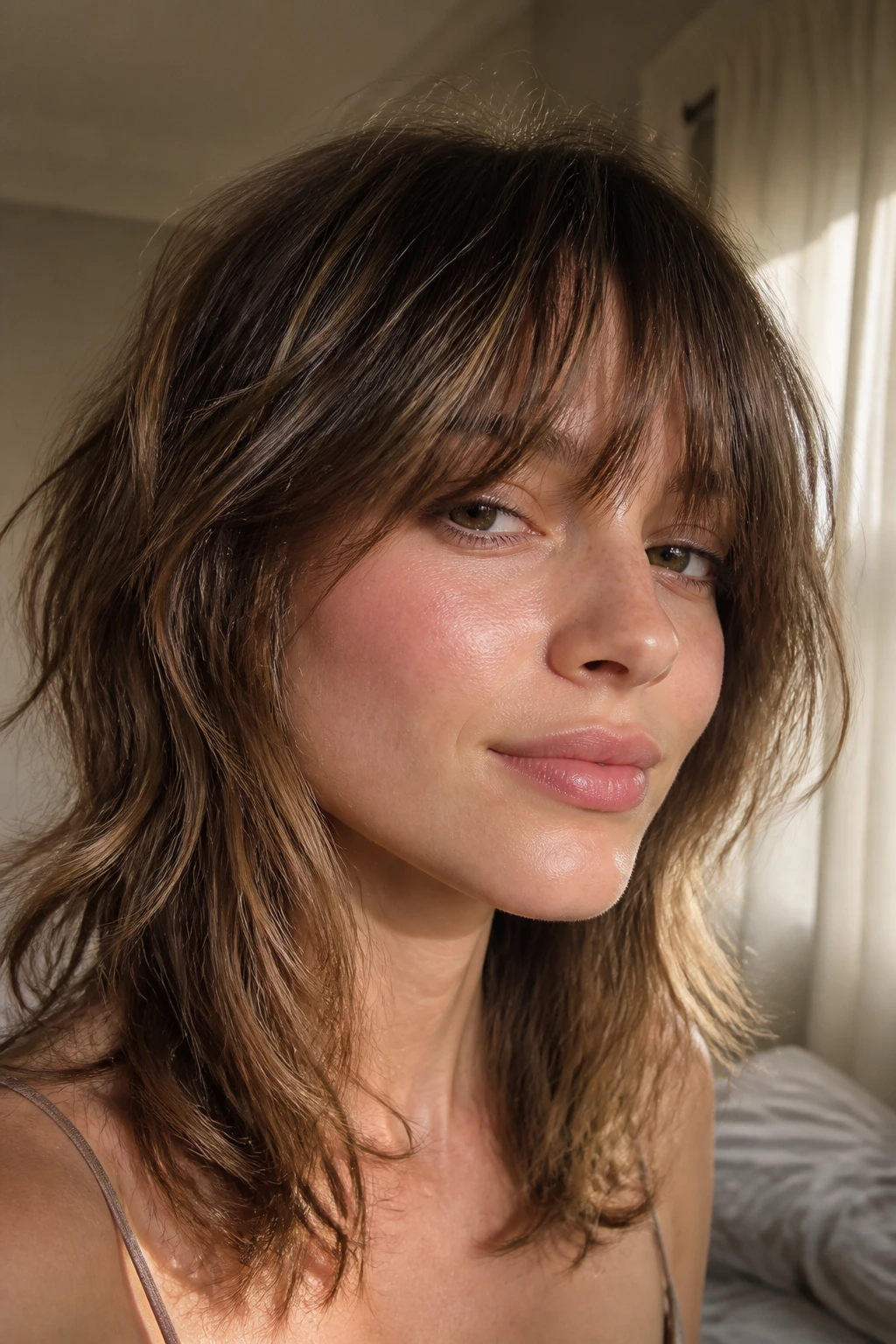 Real woman with wispy bangs and shag layers in a sunlit bedroom