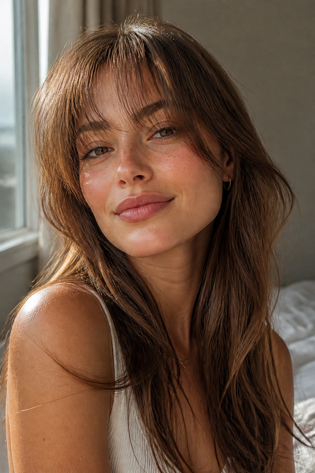 Close-up of wispy bangs with airy ends on a real woman in a sunlit room