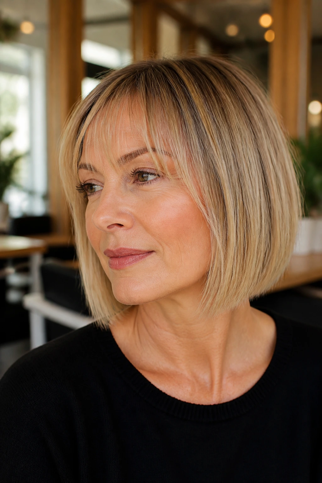 Portrait of a real woman with a blunt bob and wispy bangs in a chic salon
