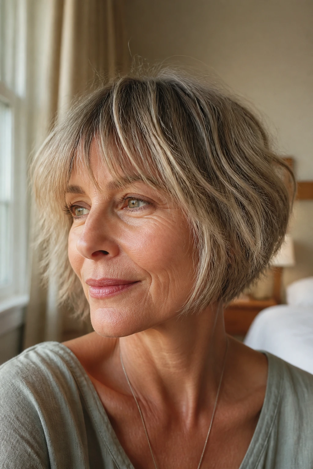 Close-up of a real woman with wispy bangs and an air-dried bob in warm window light