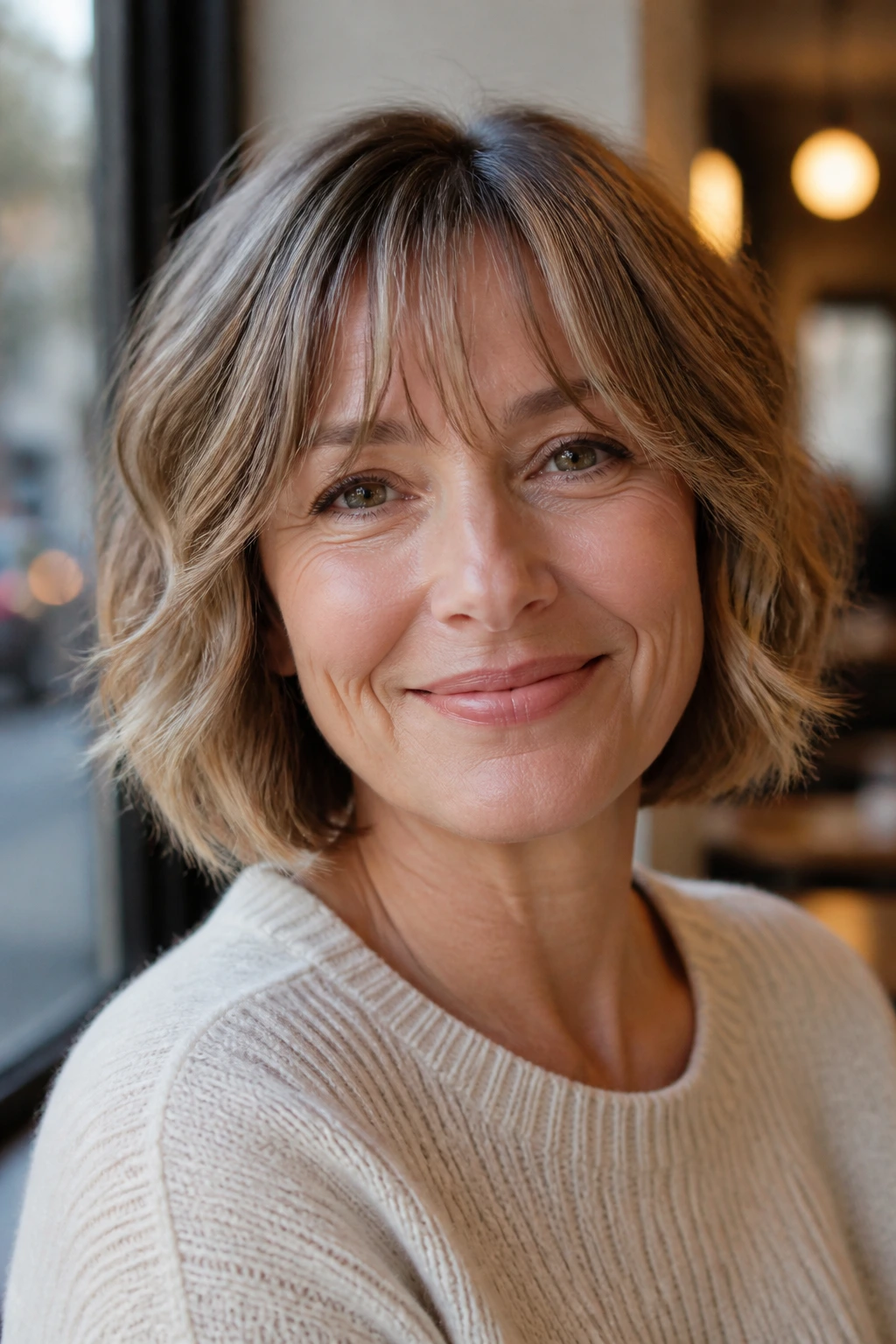 Real woman with wispy bangs softening the forehead in cafe light