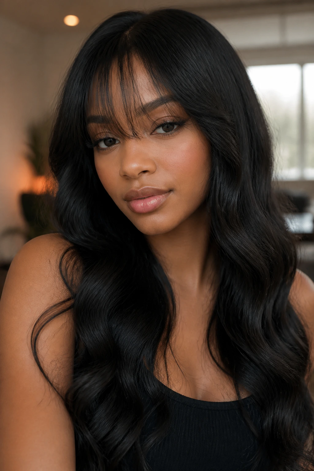 Close-up of a real woman wearing wispy bangs with body waves.