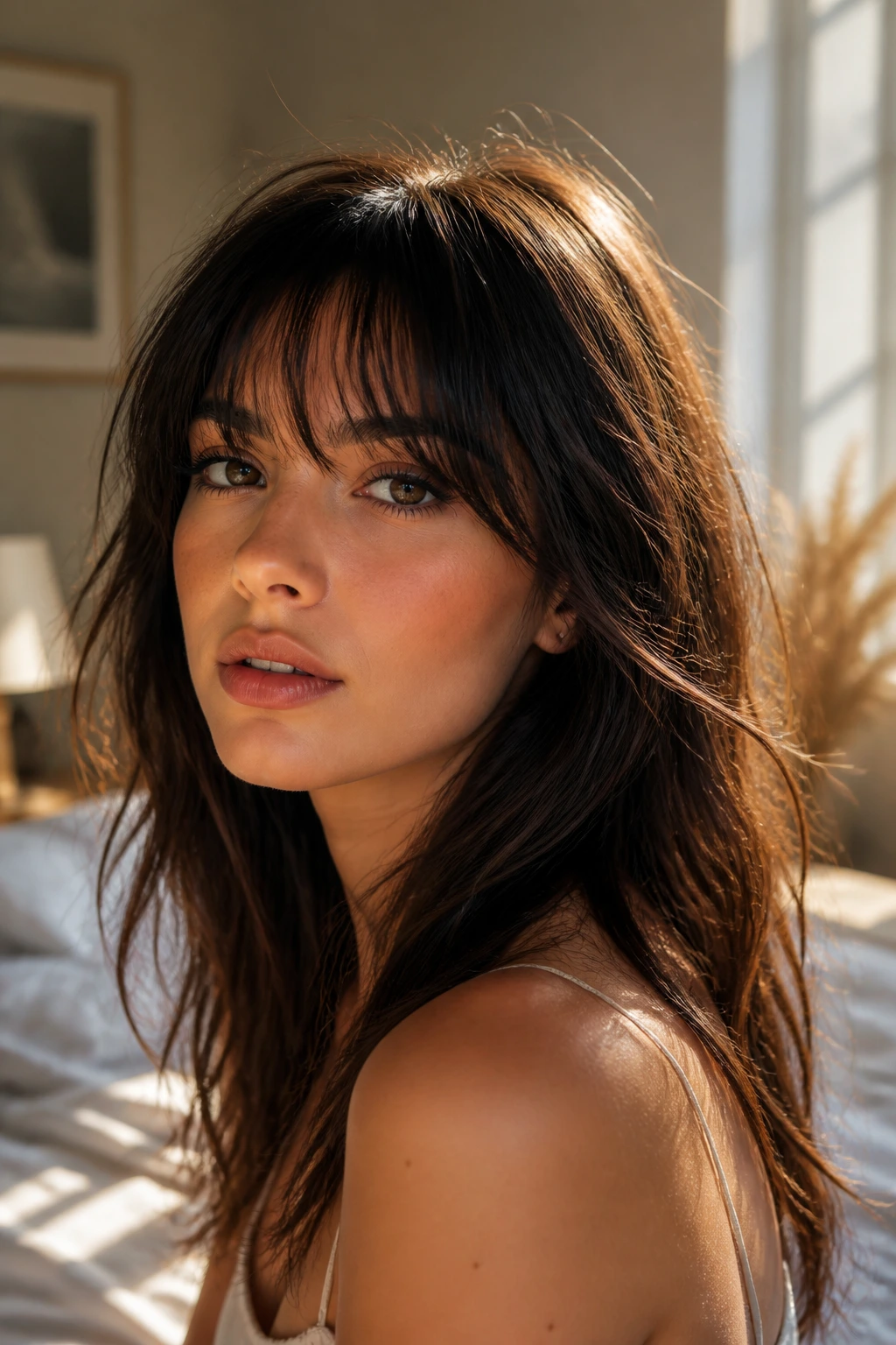 Brunette with wispy brow-grazing bangs in a sunlit bedroom