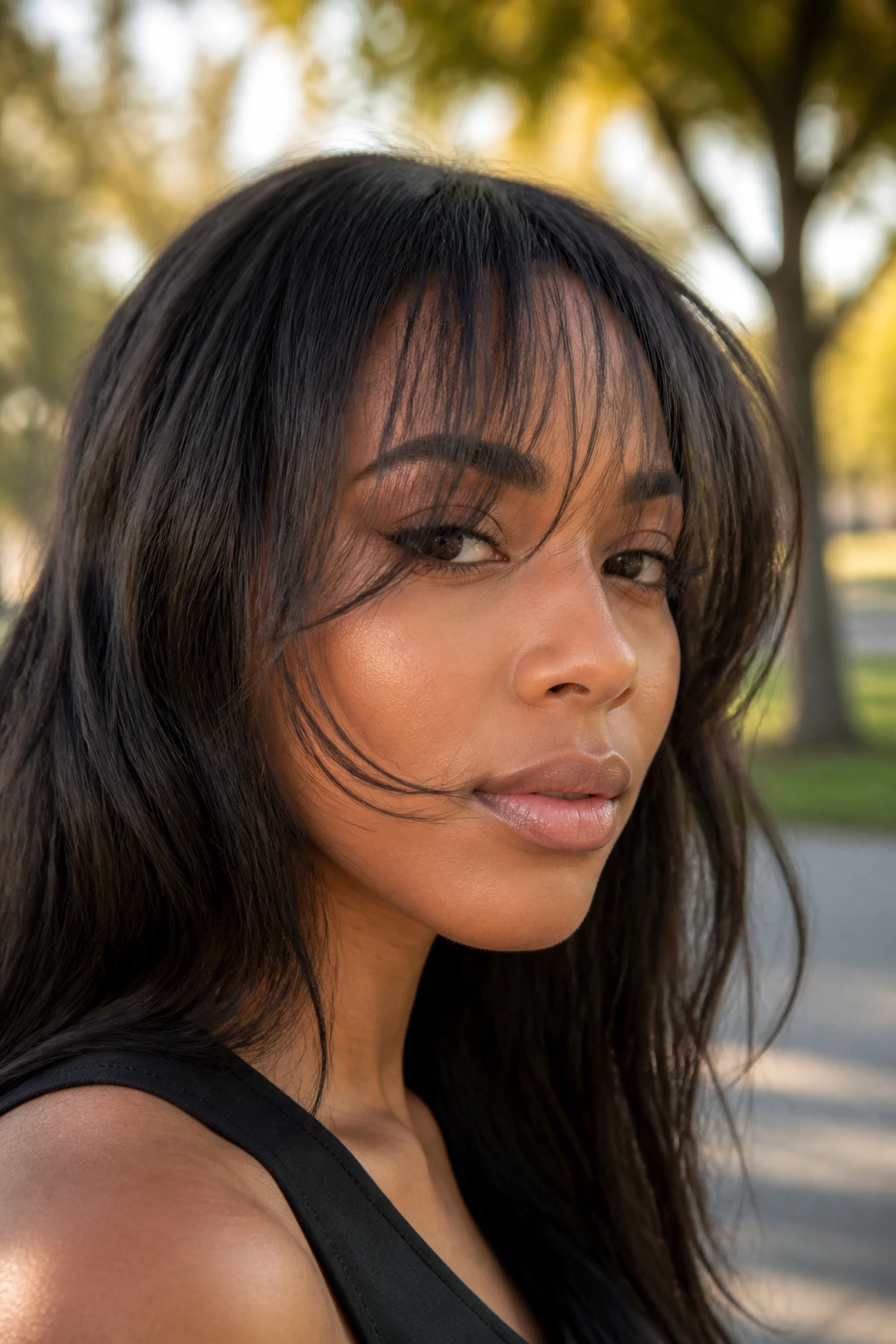 Woman with cheekbone-grazing wispy bangs in golden hour light.