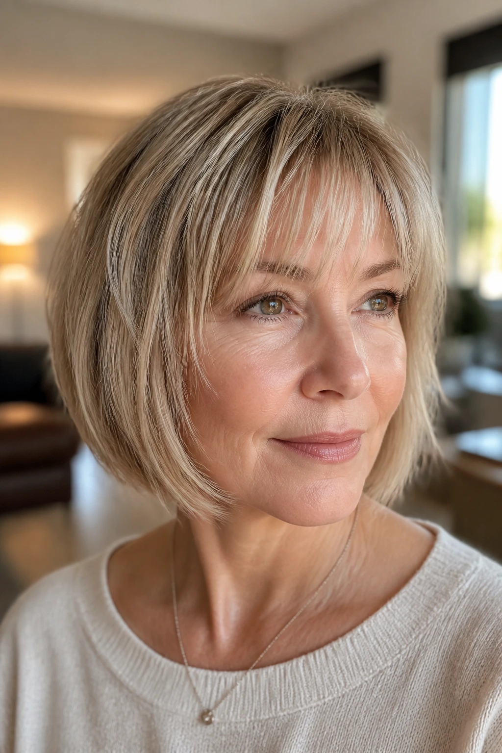 Real woman with wispy bangs accentuating a chin-length bob.