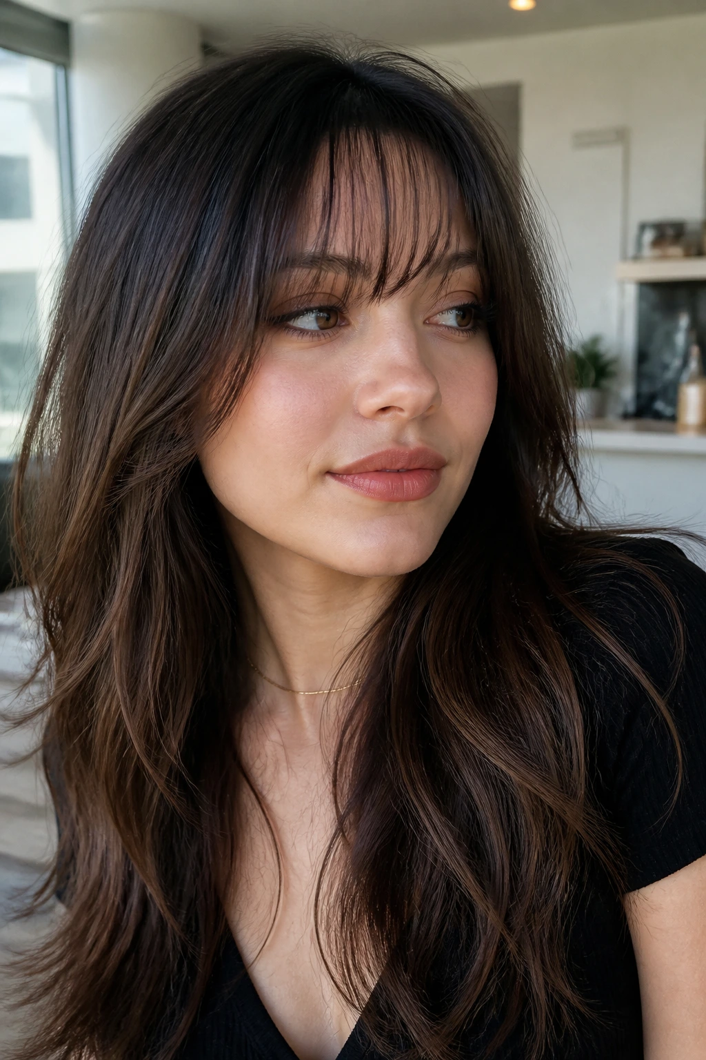 Portrait of a real woman with feathered wispy bangs blending into long layers, sunlit interior.