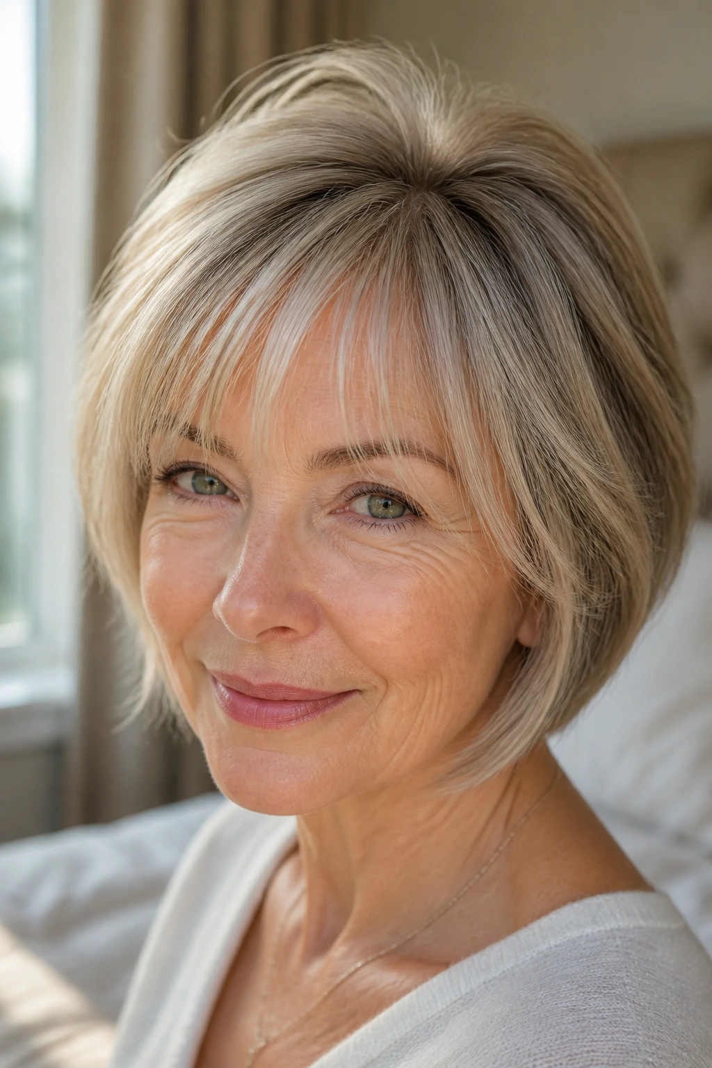 Real woman with wispy bangs and soft crown lift in a sunlit room.