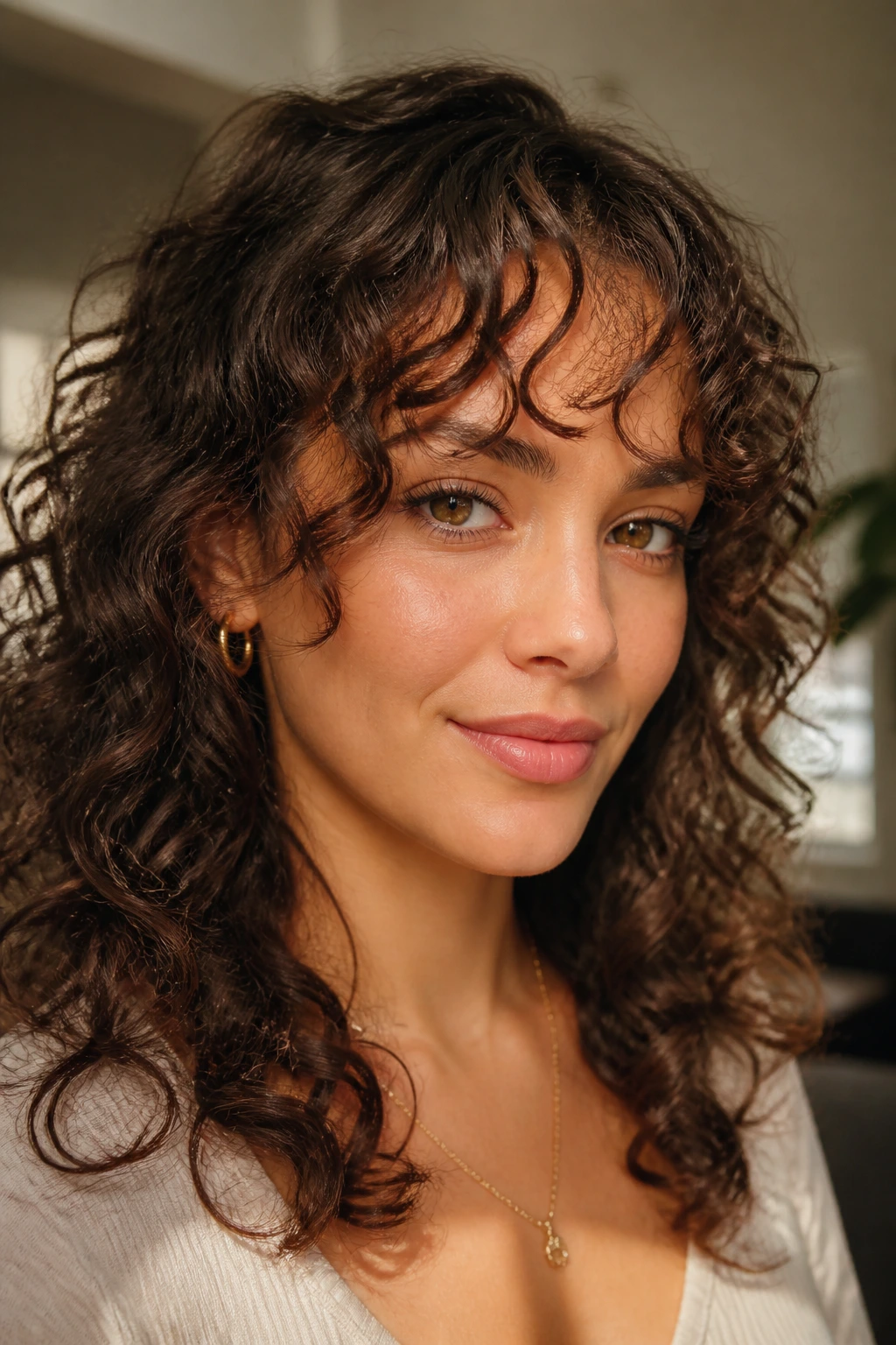 Real person with wispy curly bangs and soft front layers in warm indoor light