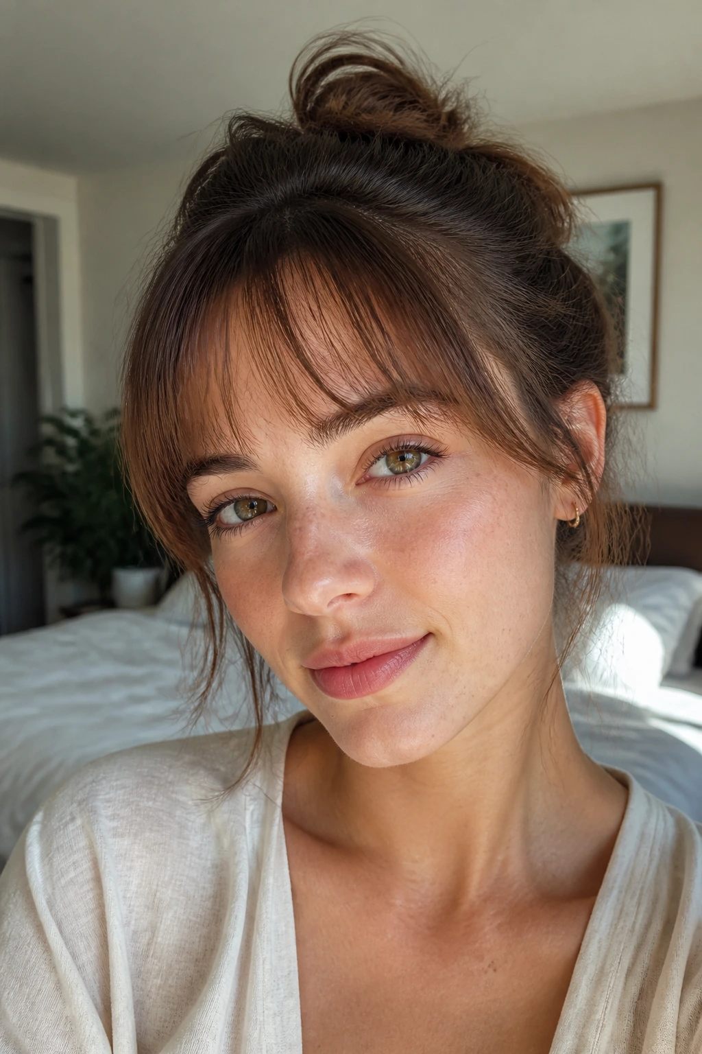 Close-up portrait of a real woman with wispy baby feathered bangs, soft edges and light texture.
