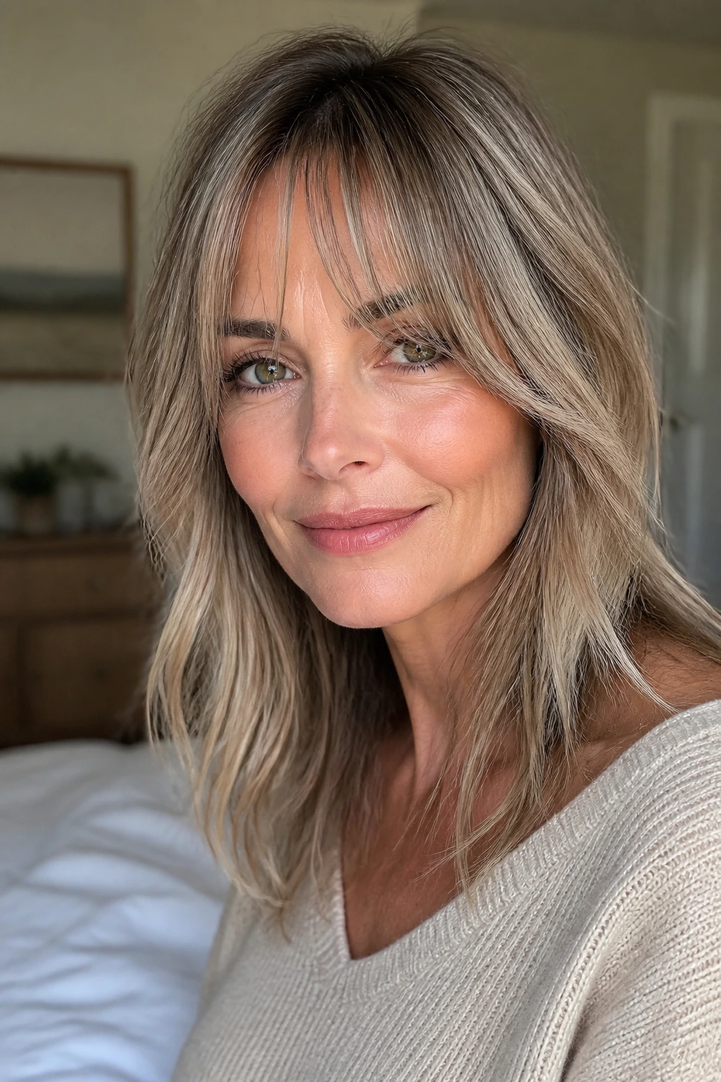 Close-up of a real woman with grown-out wispy bangs in a cozy bedroom
