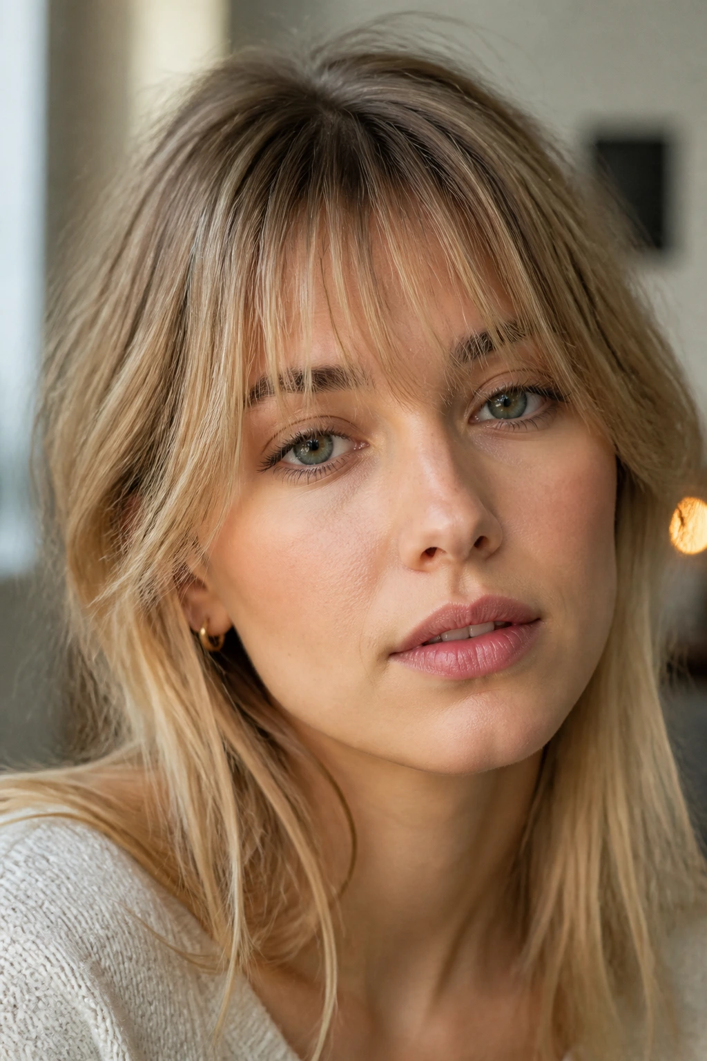 Real woman with wispy bangs skimming the brows in natural window light