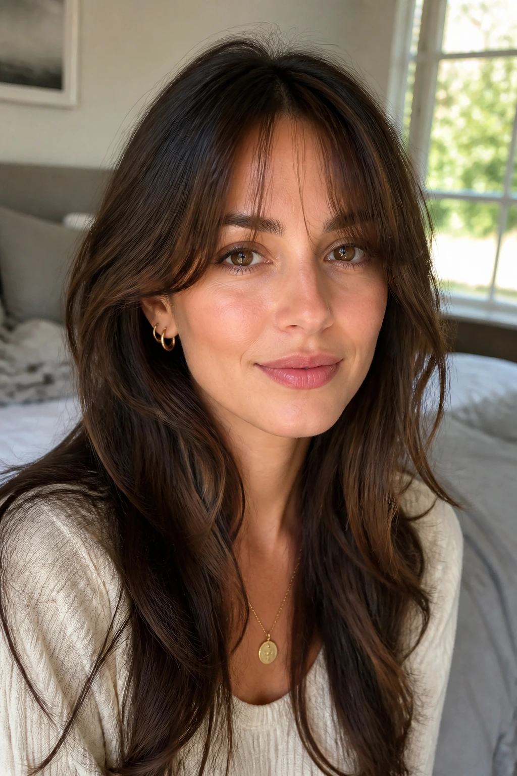 Close-up of a real woman with wispy bangs partially revealing the forehead in warm window light.