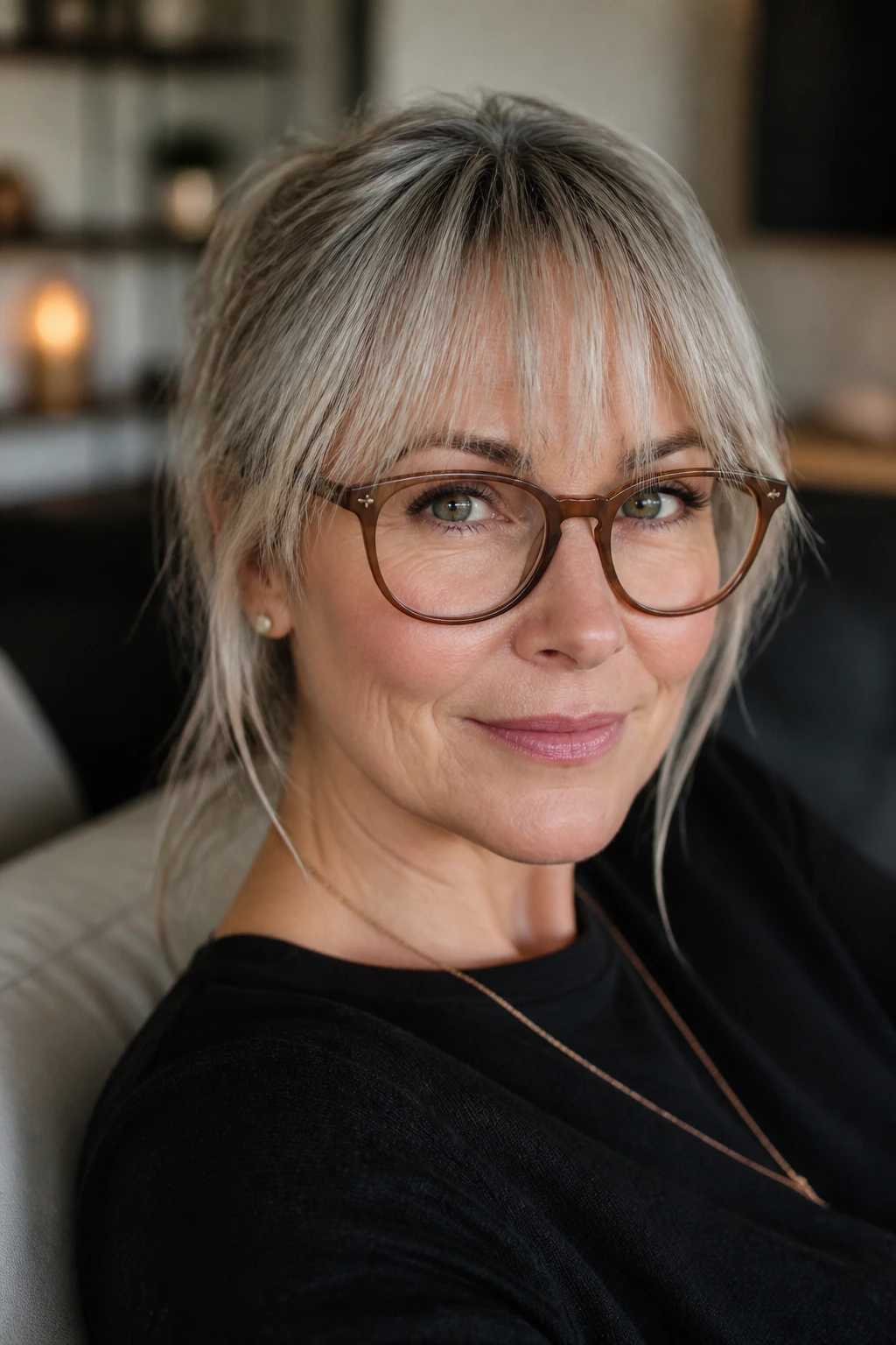 Close-up portrait of a real woman over 40 with wispy bangs and glasses