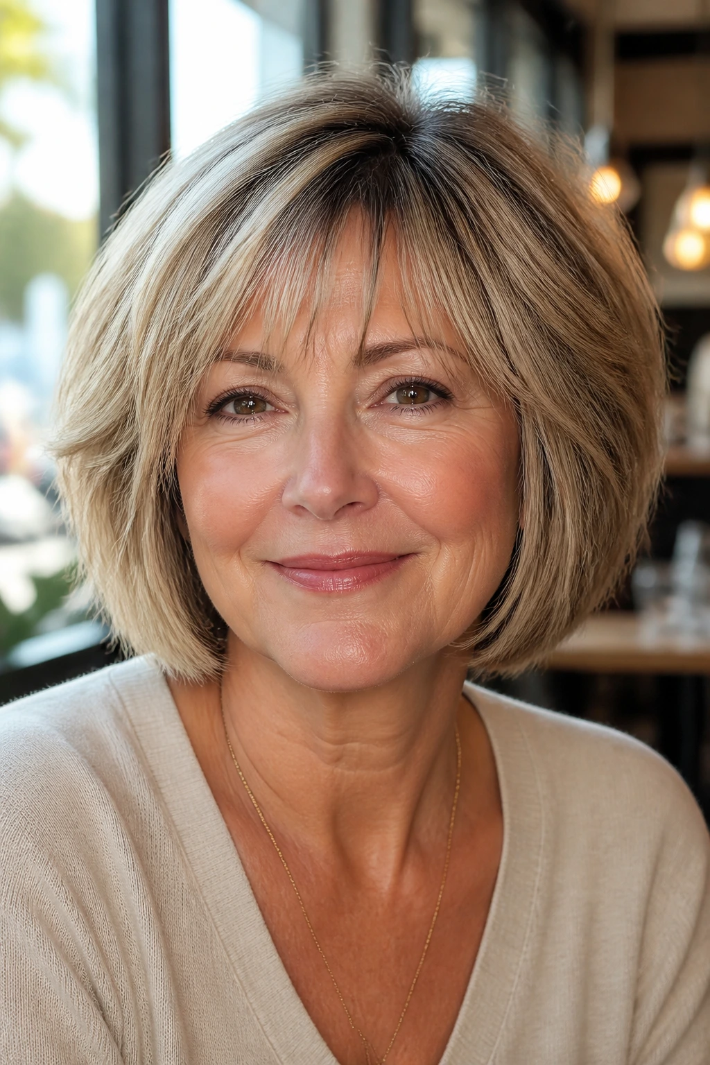 Real woman with layered bob and wispy bangs in bright daylight