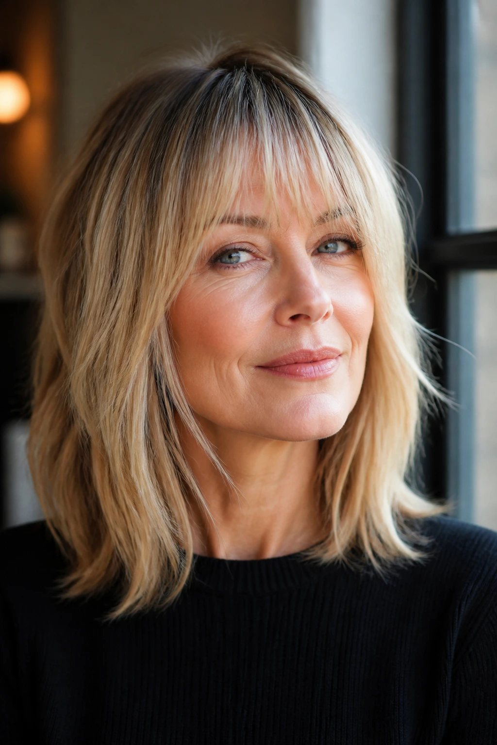 Close-up portrait of a real woman with wispy bangs in warm indoor light