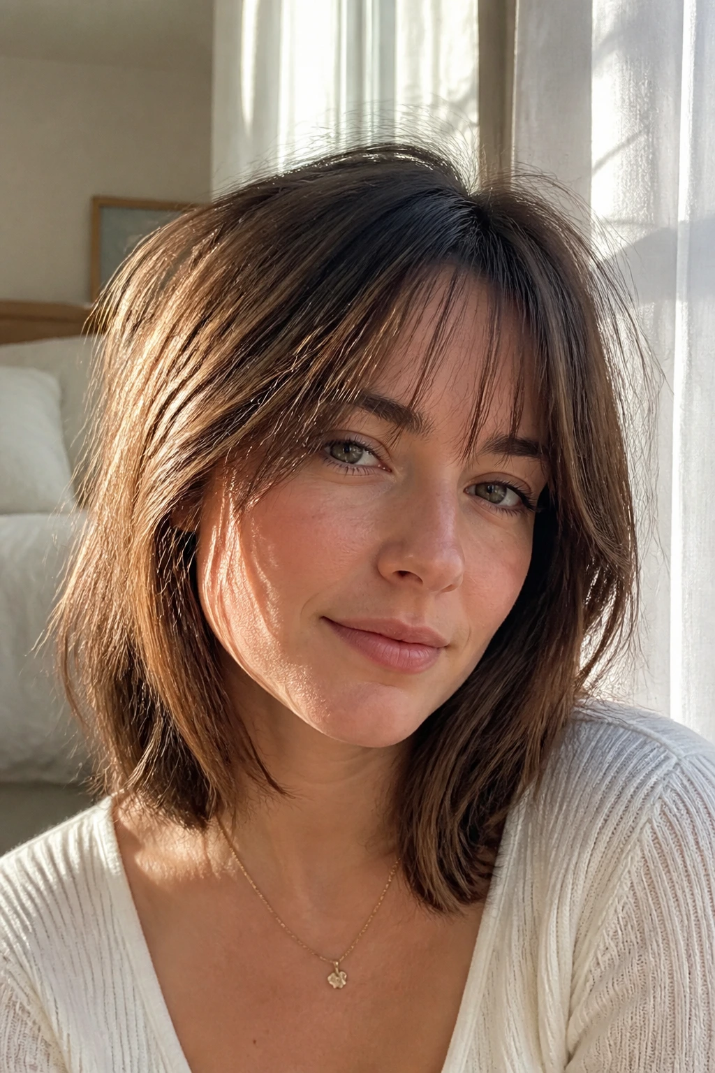 Close-up of a woman with wispy bangs and a shoulder-length lob in a sunlit room