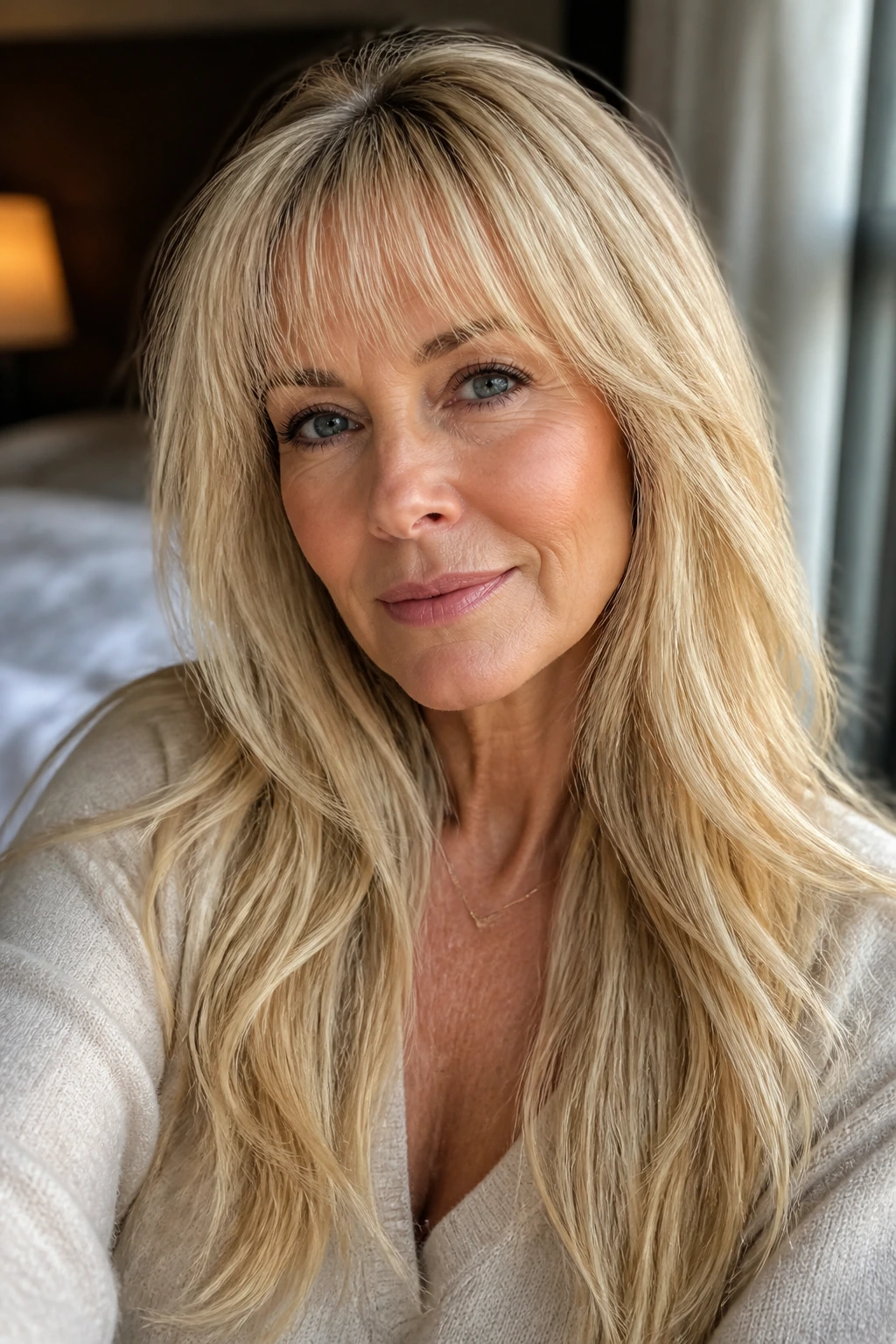 Close-up portrait of a woman with wispy baby bangs and long blonde hair, natural window light