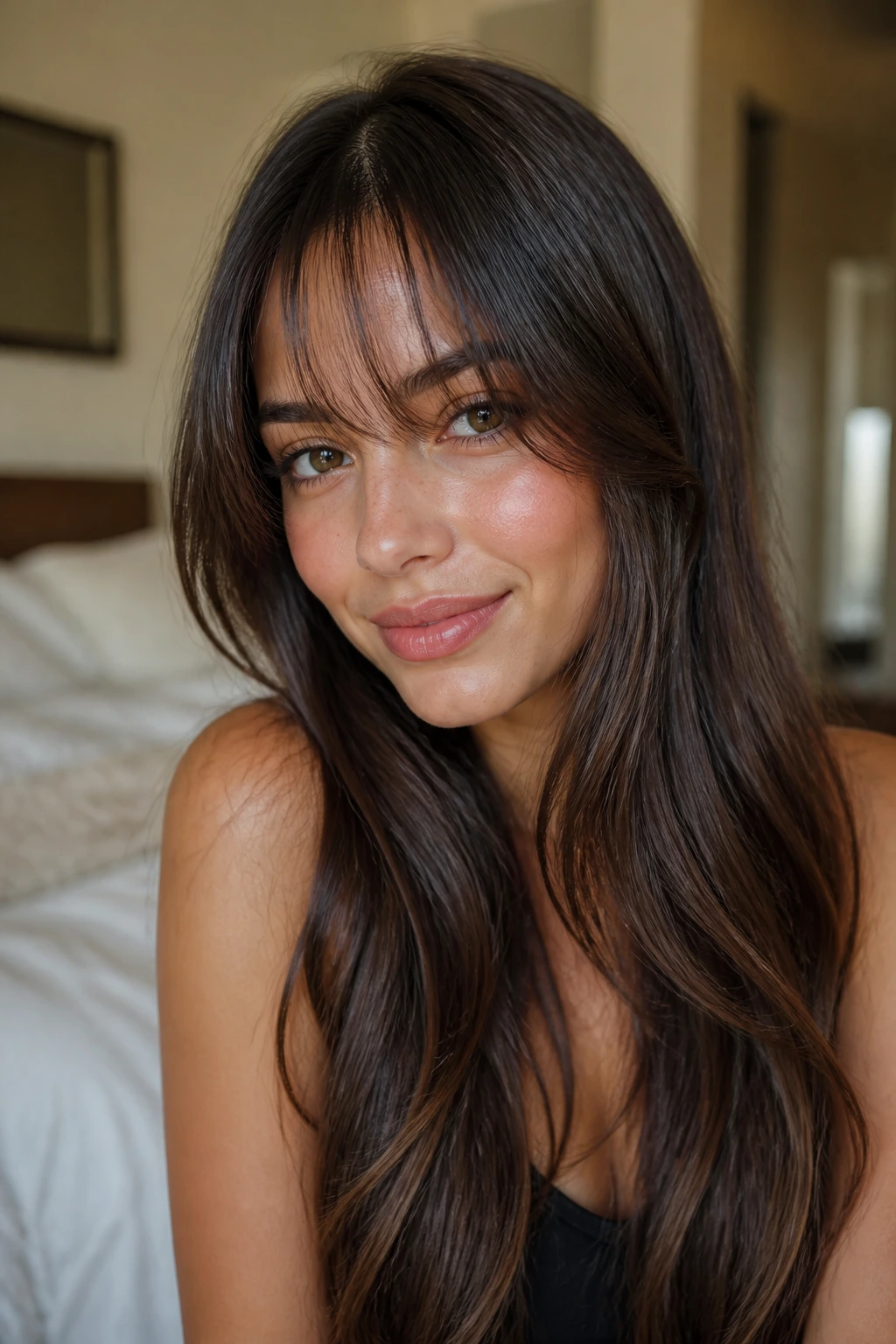 Close-up of a real woman with wispy see-through bangs on glossy long hair