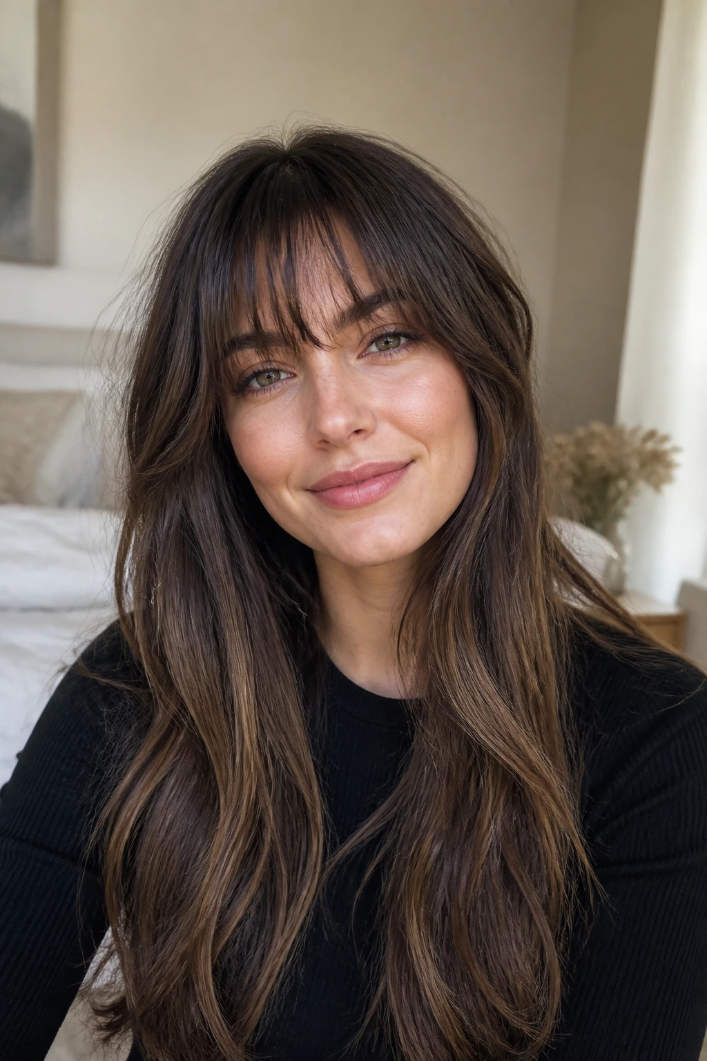 Close-up of a real woman with wispy bangs on long hair framing her face