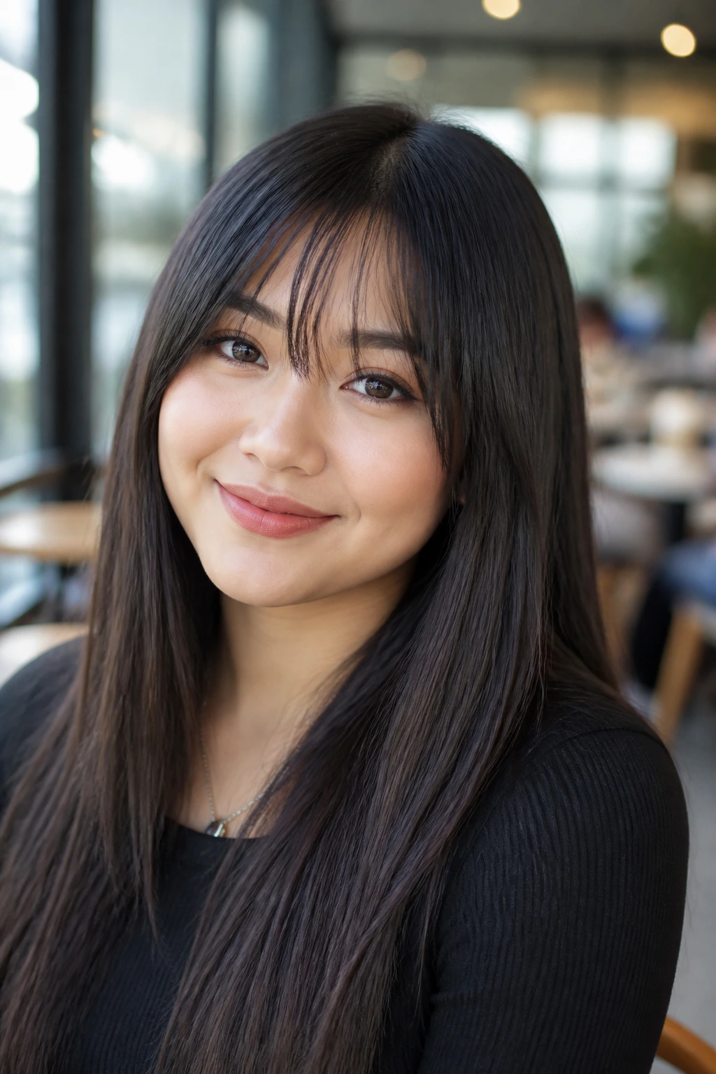 Real woman with wispy bangs and sleek long hair.