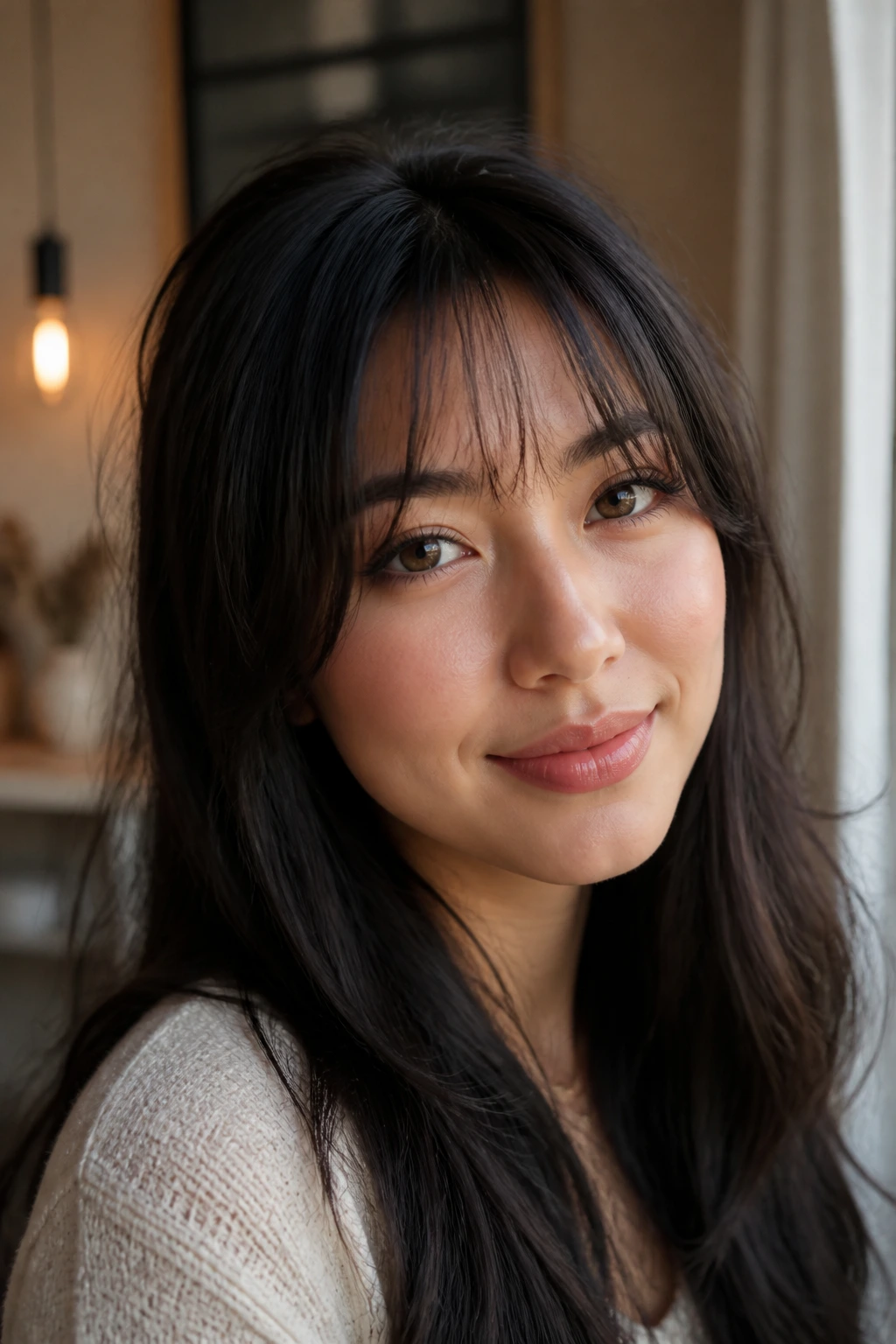 Close-up of a real woman with wispy bangs neatly framed between cuts
