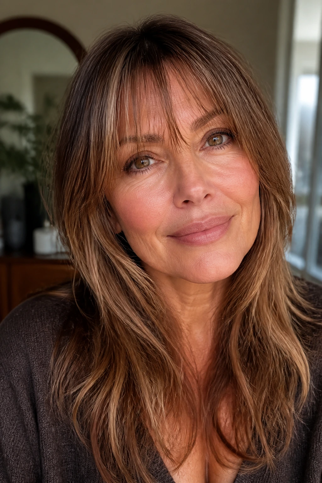 Close-up of a real woman with wispy bangs and maple lowlights
