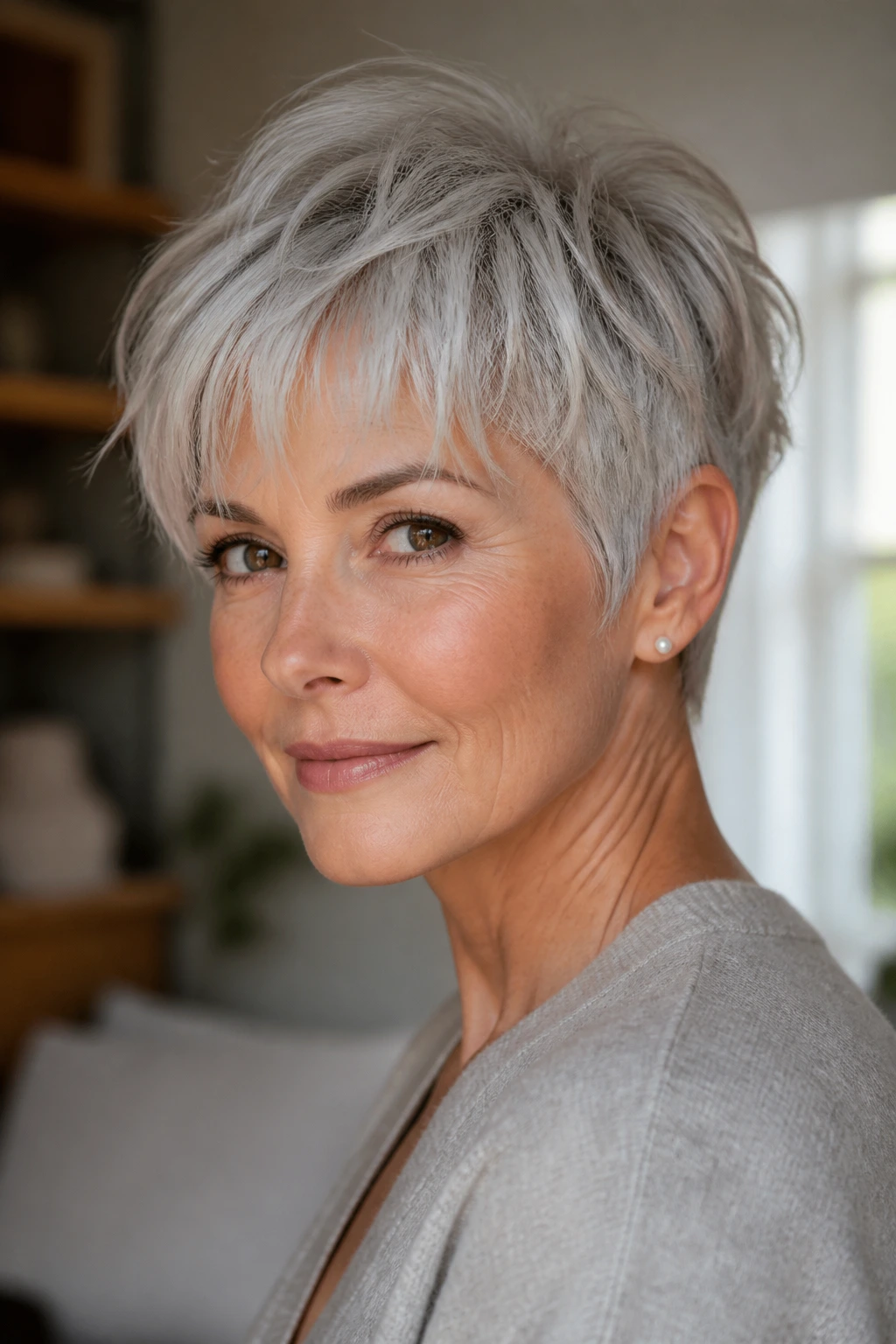 Close-up of a wispy bangs pixie on a gray-haired person