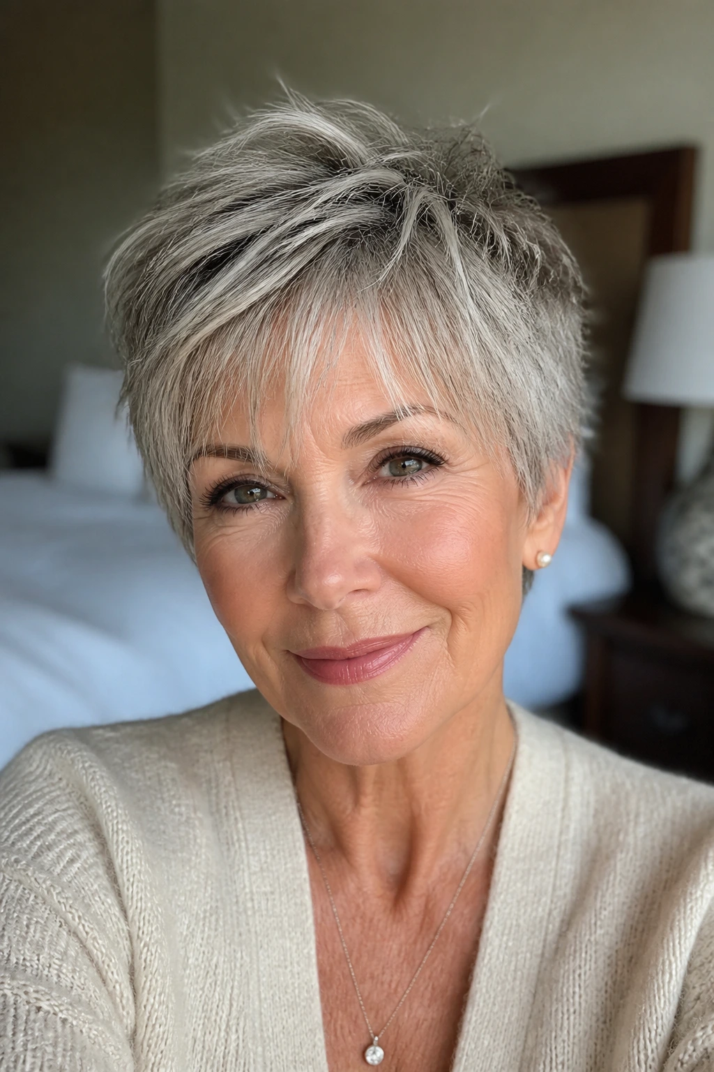 Real woman with wispy bangs textured pixie in natural light