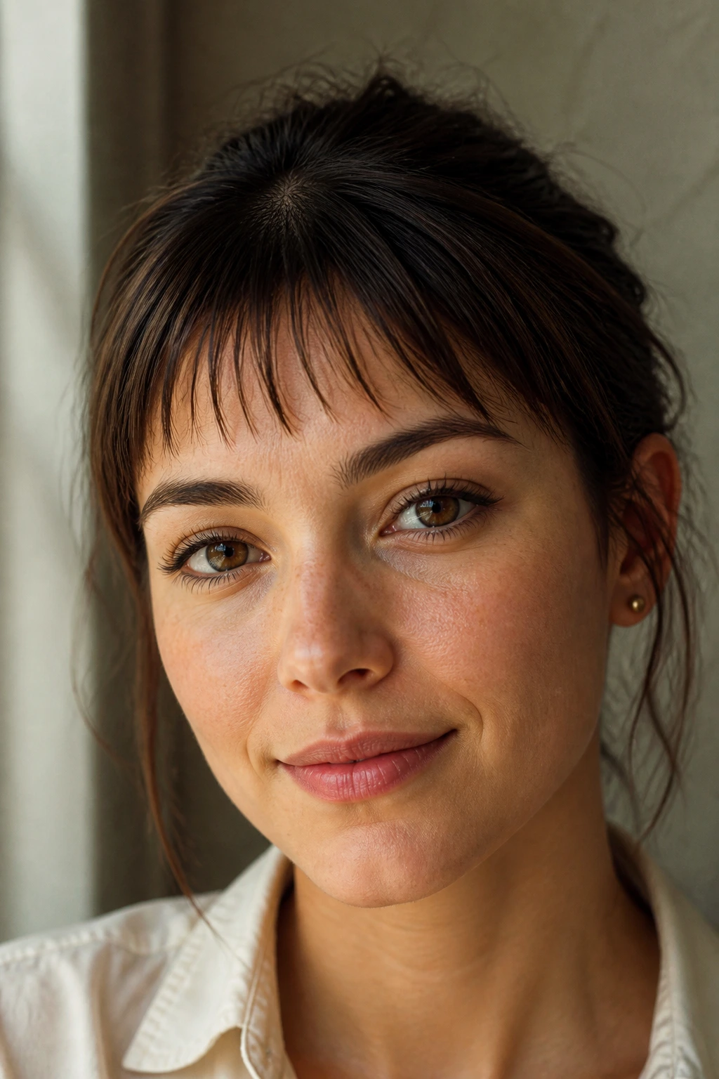 Close-up of a real person with wispy baby bangs and airy texture in natural light.