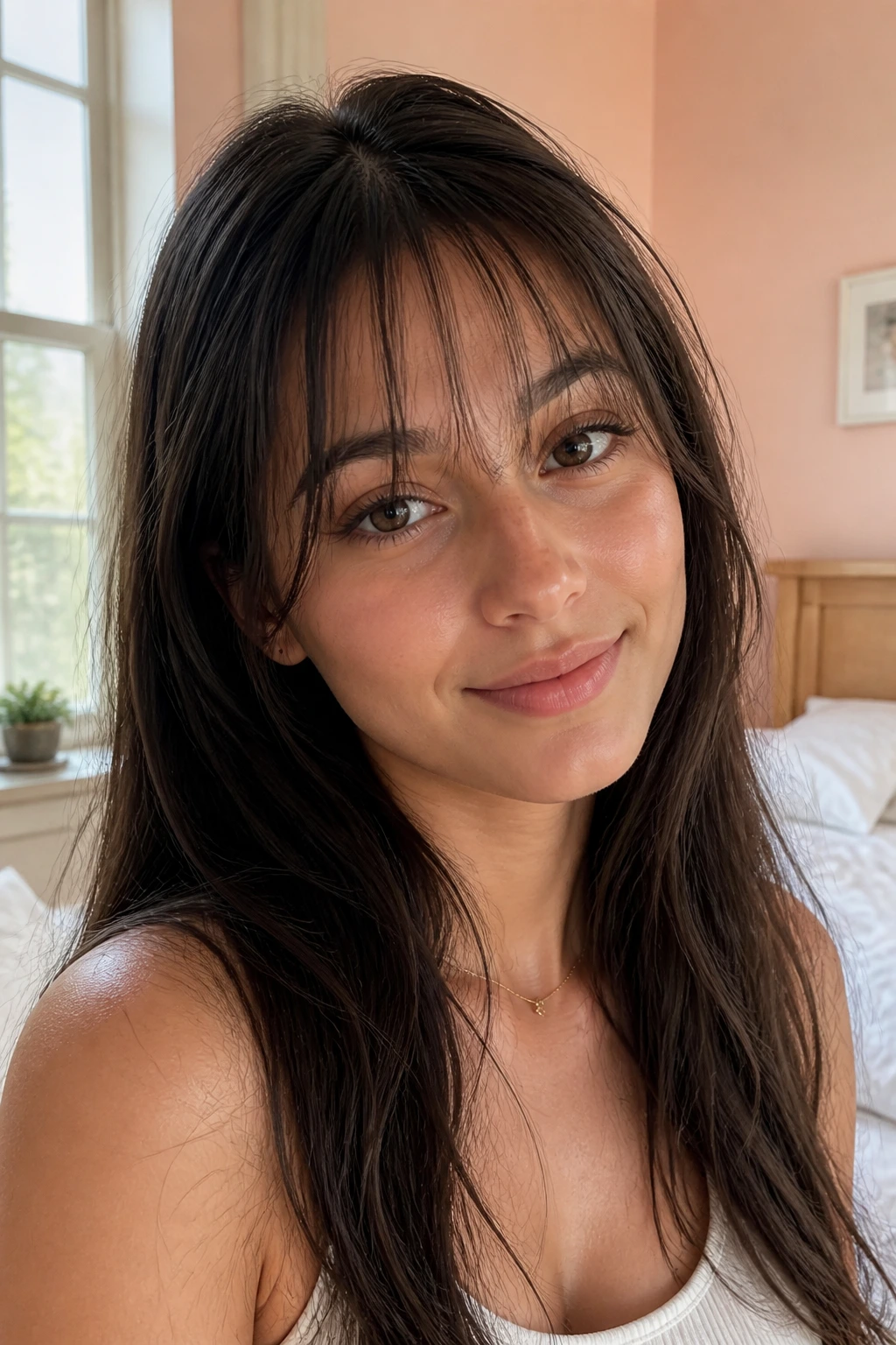 Close-up of a real woman with airy wispy bangs in natural window light