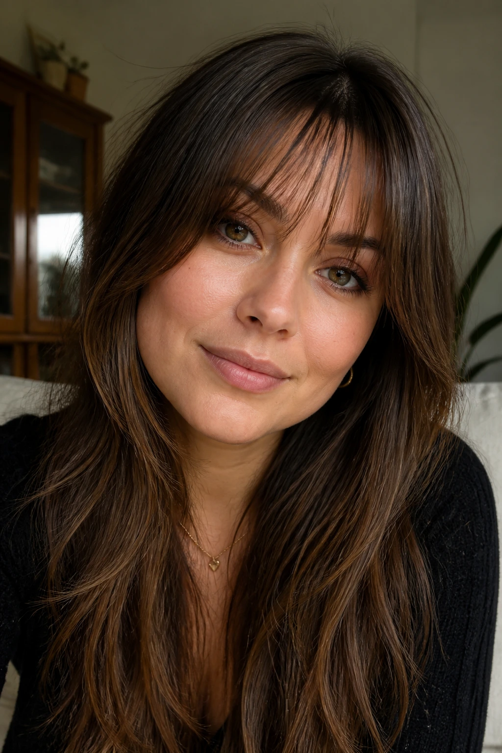 Close-up of a real woman with wispy bangs that skim the lashes on a round face.