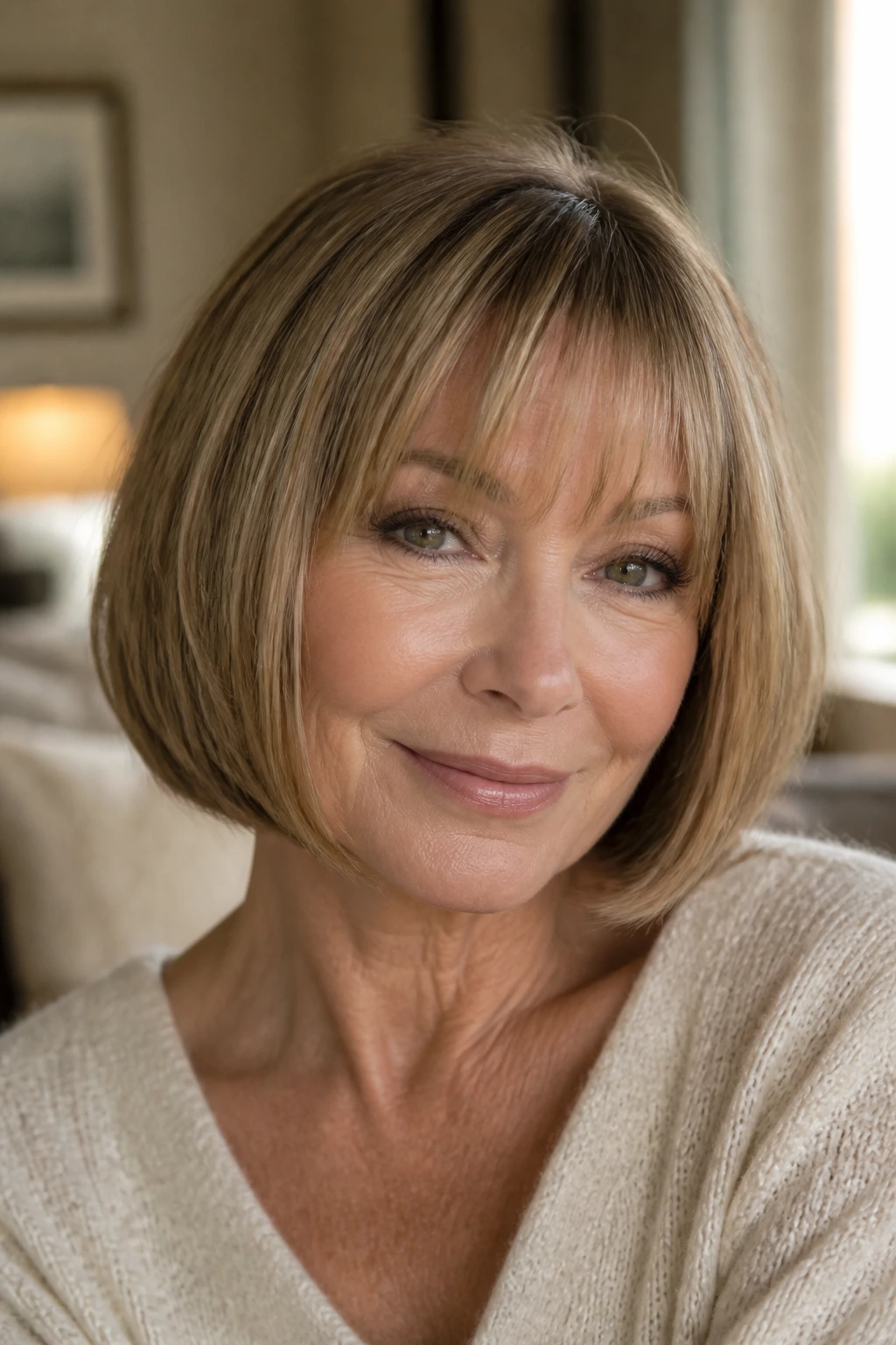 Close-up portrait of a real woman wearing a rounded bob with wispy bangs.