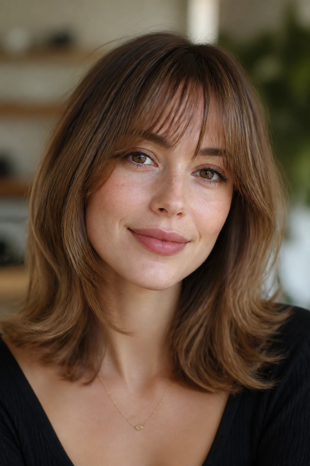 Close-up of a real woman with wispy brow-skimming bangs and rounded ends