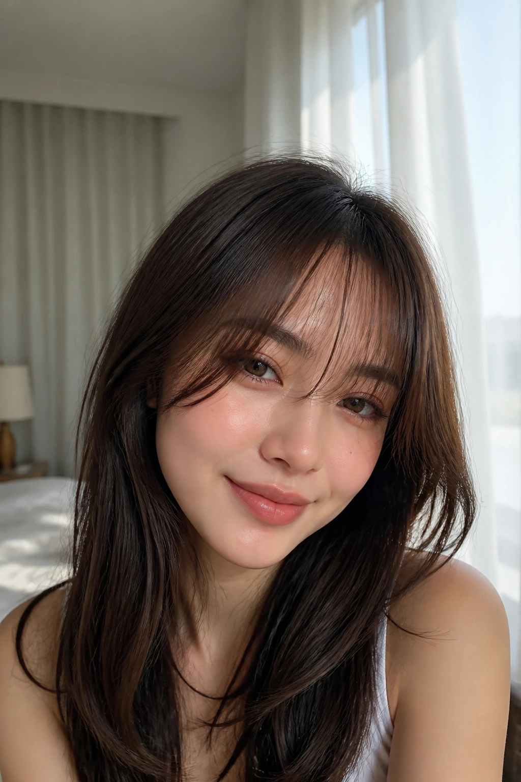 Close-up of a real woman with wispy see-through bangs in natural window light