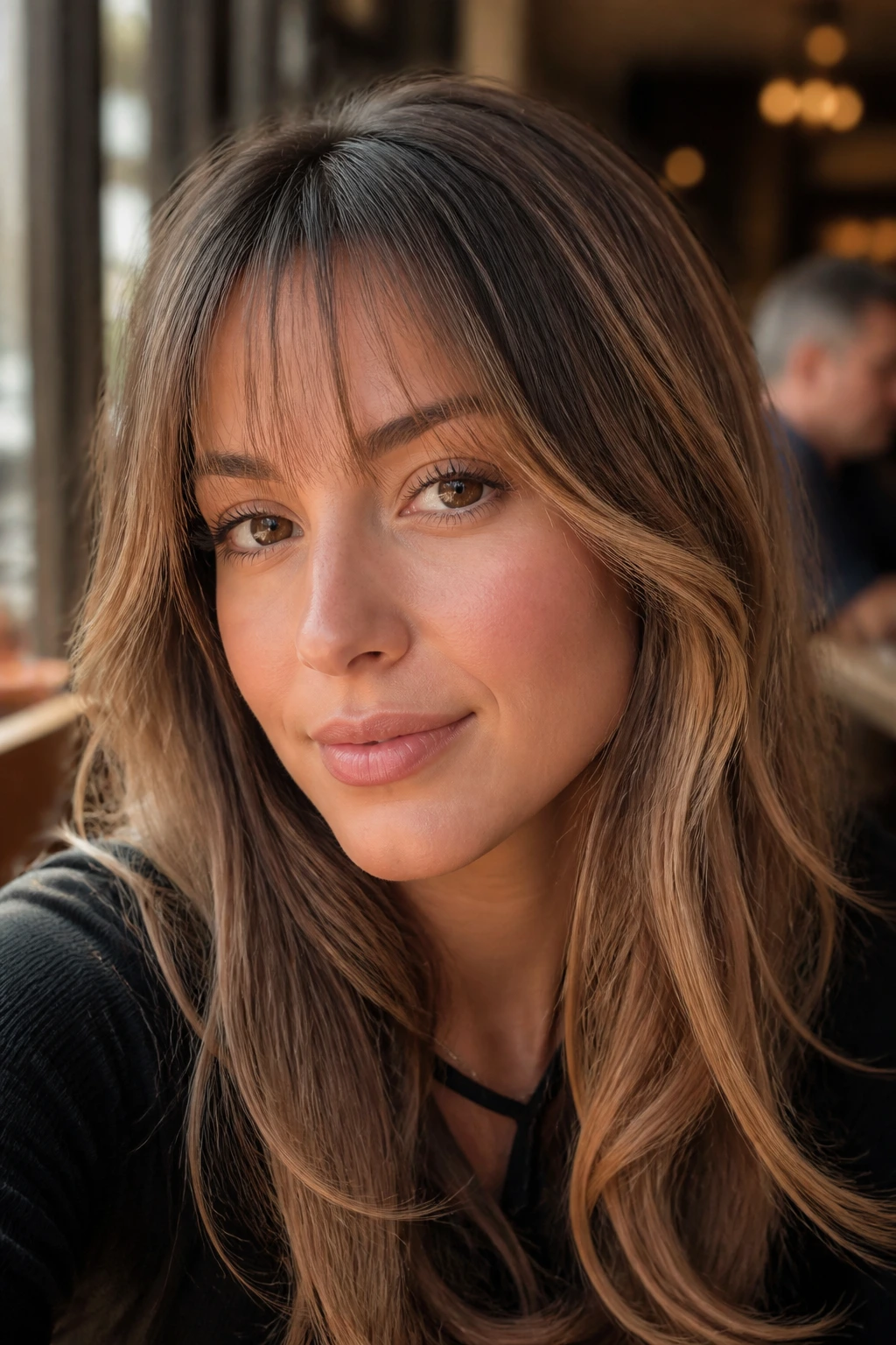 Close-up of a real woman with wispy see-through bangs and soft face framing in warm cafe light