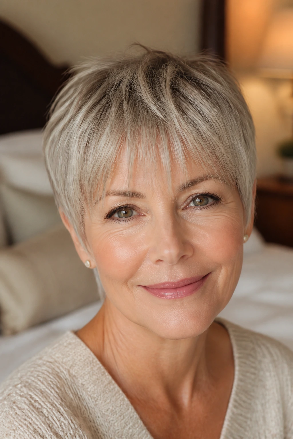 Close-up of a real woman with wispy bangs and short crop in a cozy room