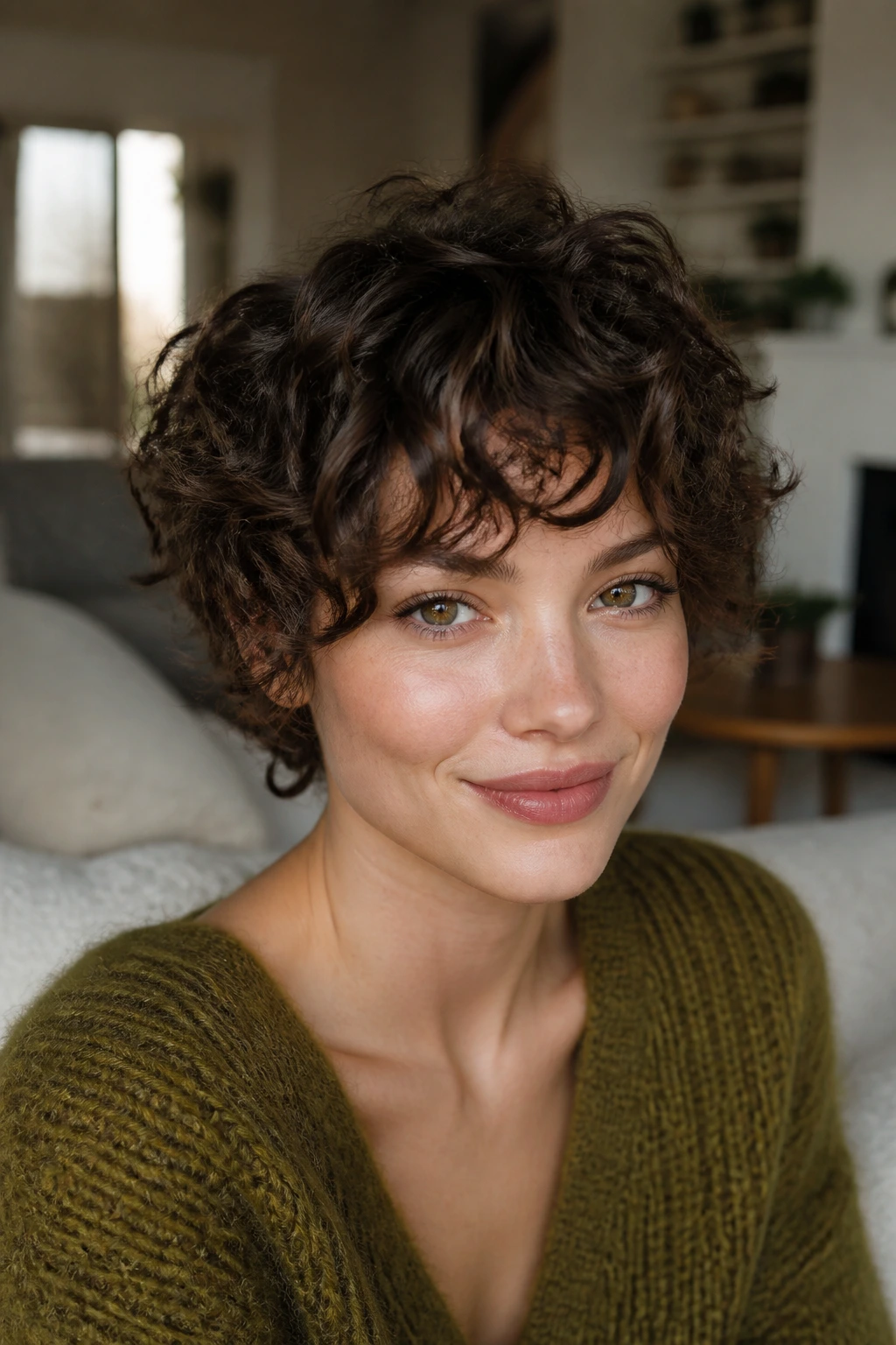 Close-up of wispy bangs on short curly hair with natural light