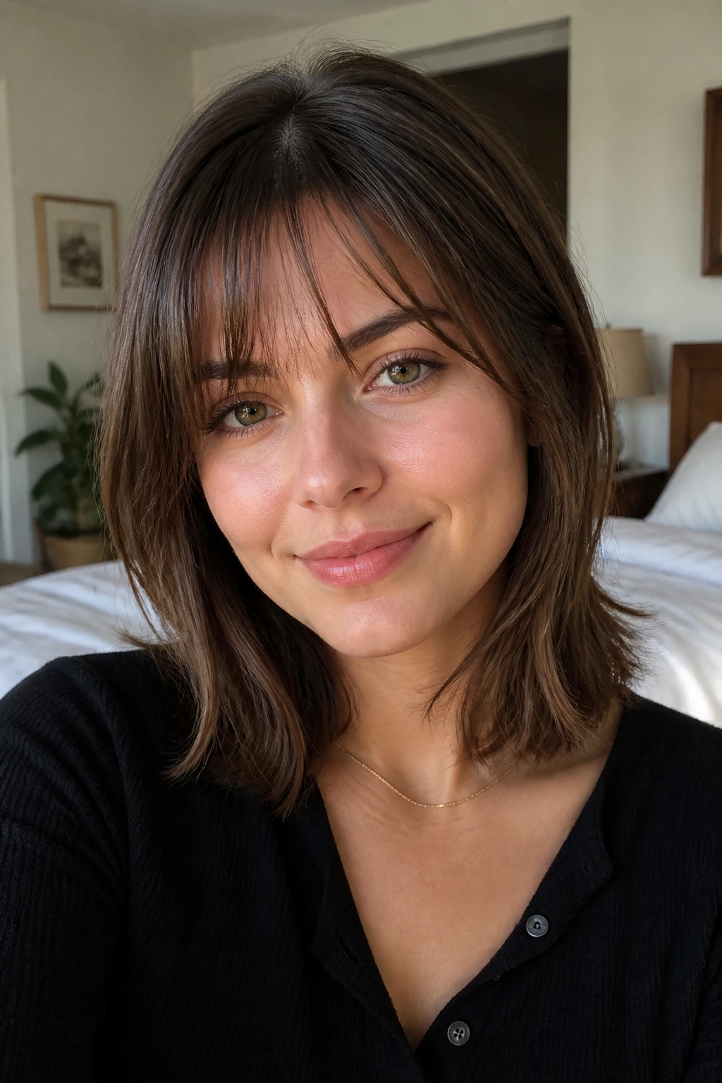 Real woman with wispy bangs and shoulder-length hair in soft natural light.