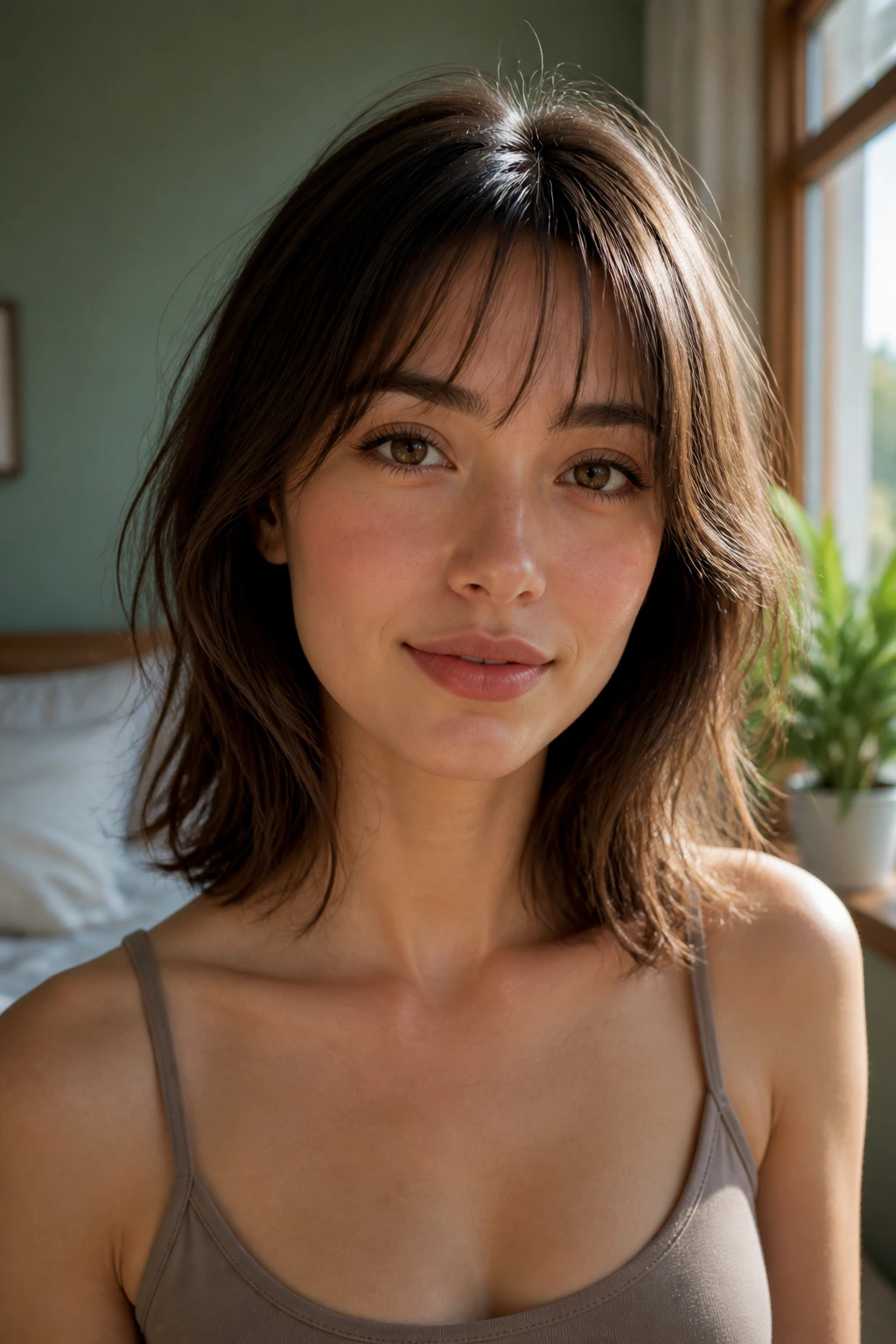 Close-up portrait of a real woman with wispy bangs and shoulder-length layered hair in warm window light