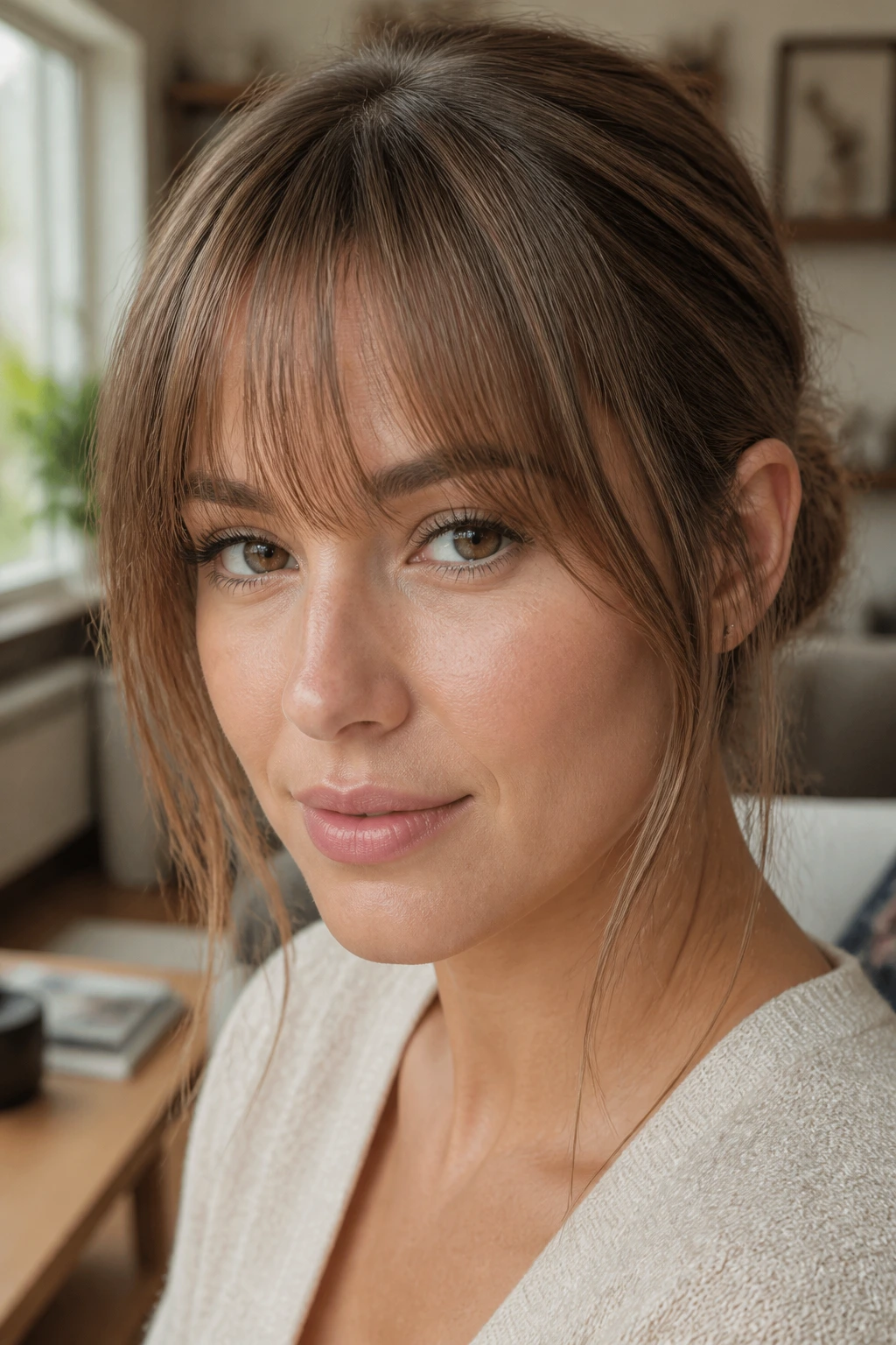 Close-up portrait of a real woman with wispy bangs and soft temple pieces
