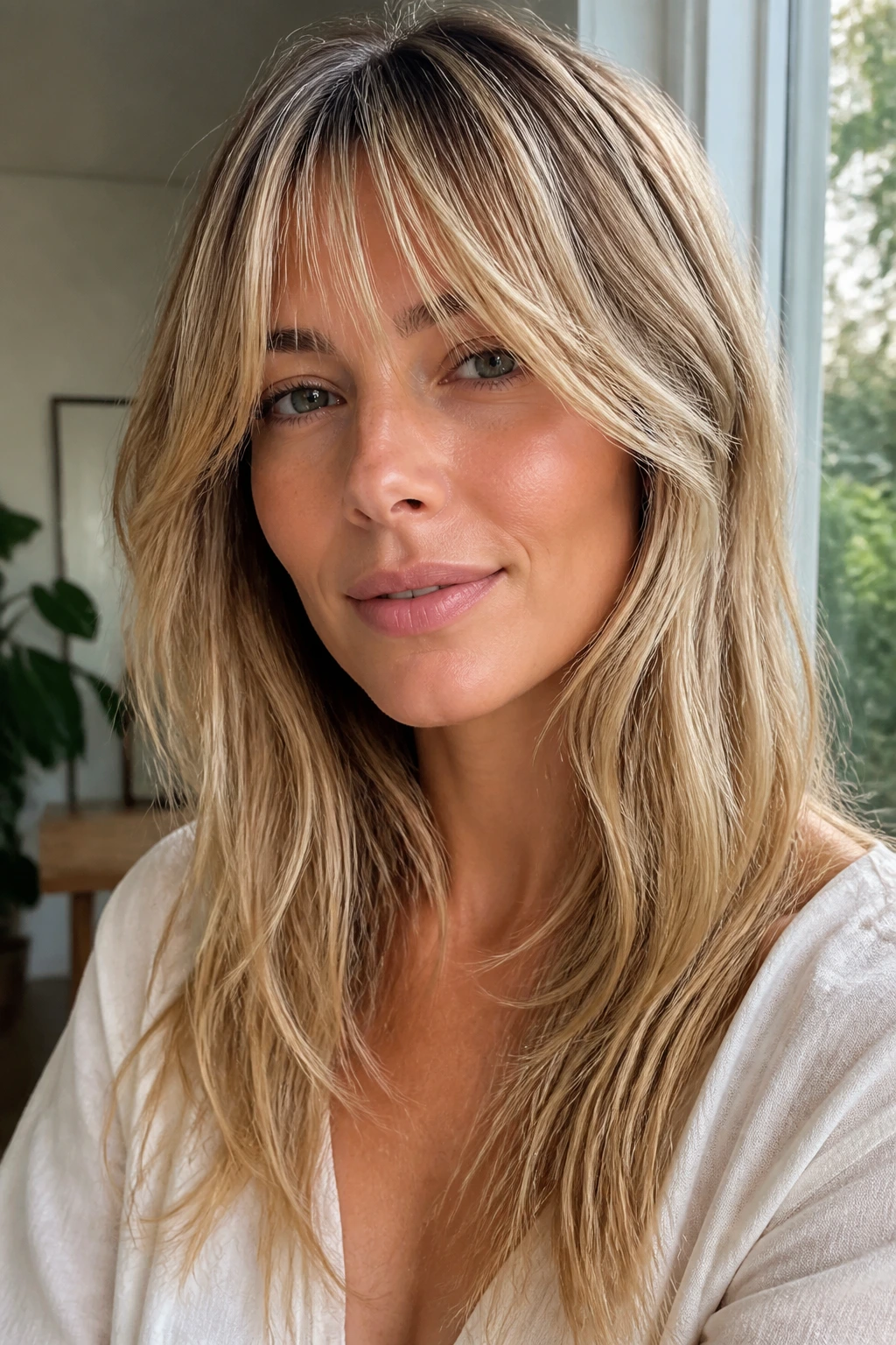 Close-up portrait of a woman with wispy long bangs forming a soft veil on thick hair