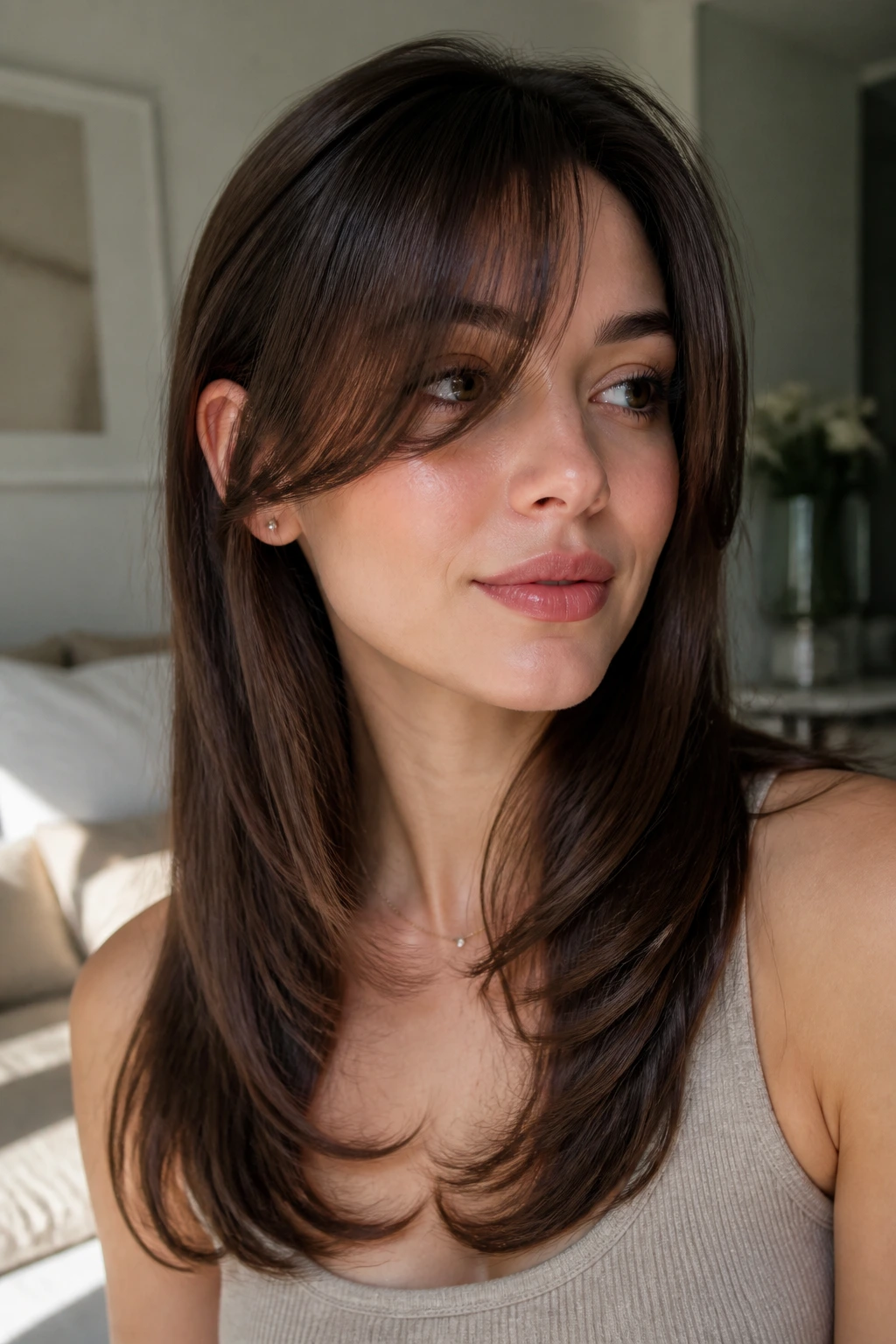 Close-up of a real woman with wispy side bangs and a U-shaped hem in a cozy lit room.