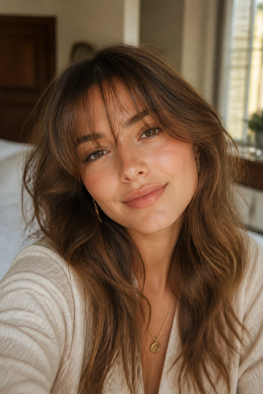 Close-up portrait of a real person with wispy low-density bangs in soft morning light