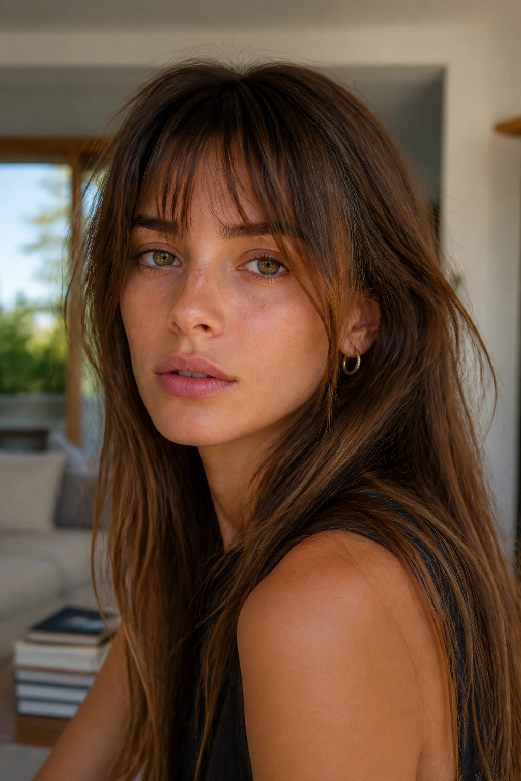 Close-up of a real woman with wispy Birkin bangs and choppy texture